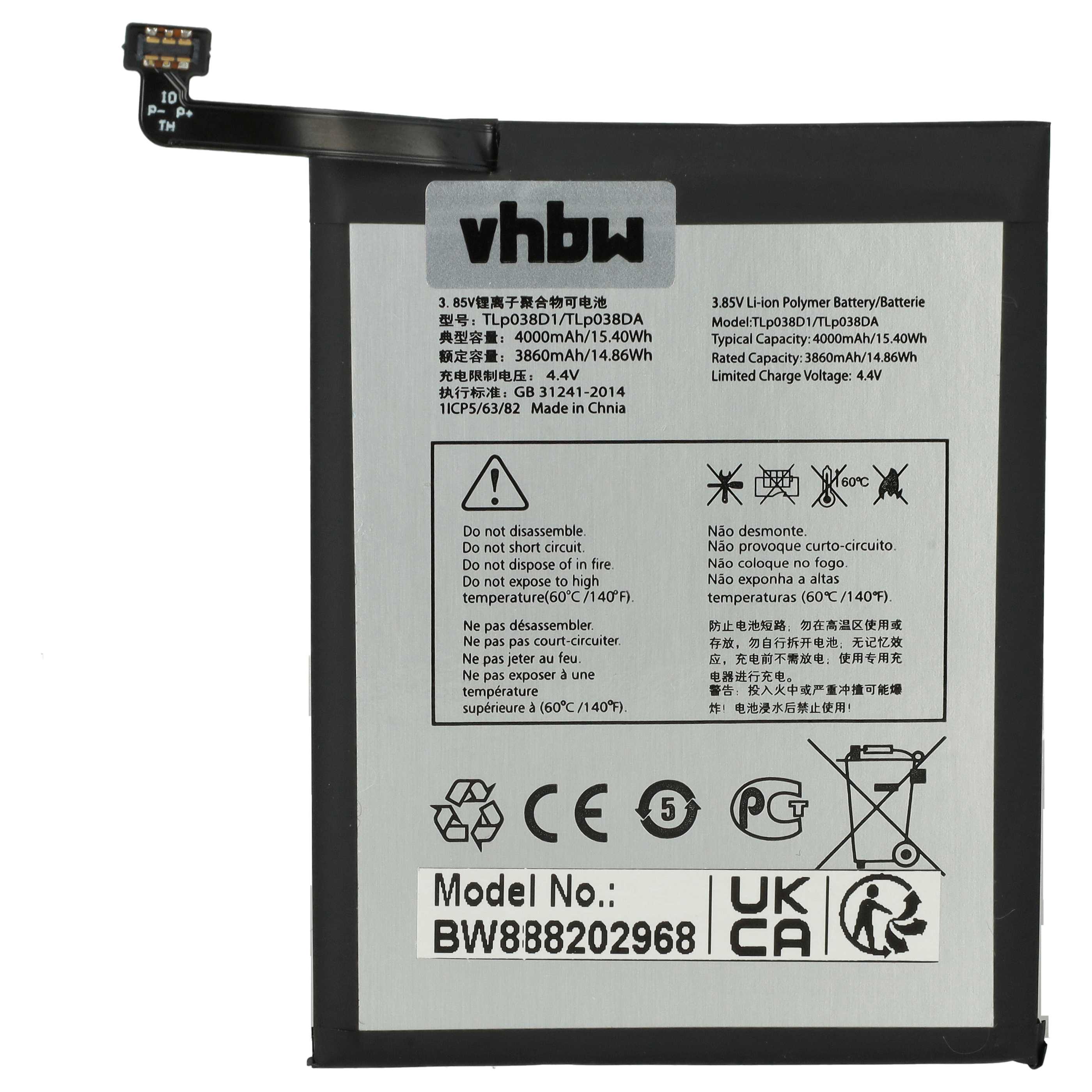 Batterie remplace T-Mobile / Alcatel TLP038D1, TLP038D7 - 3850mAh, 3,85V, Li-polymère