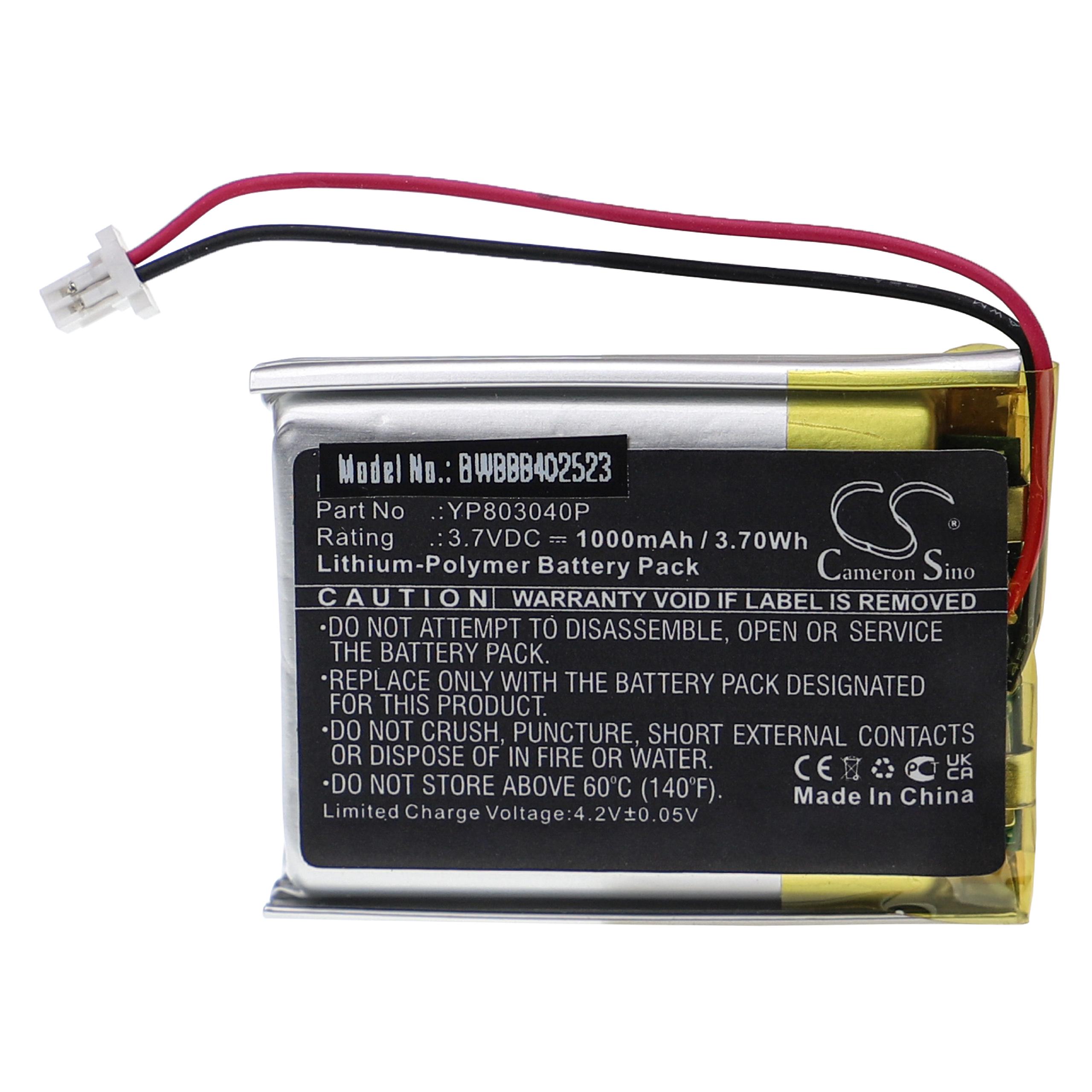 Batterie remplace Sena YP803040P pour caméscope - 1000mAh 3,7V Li-polymère