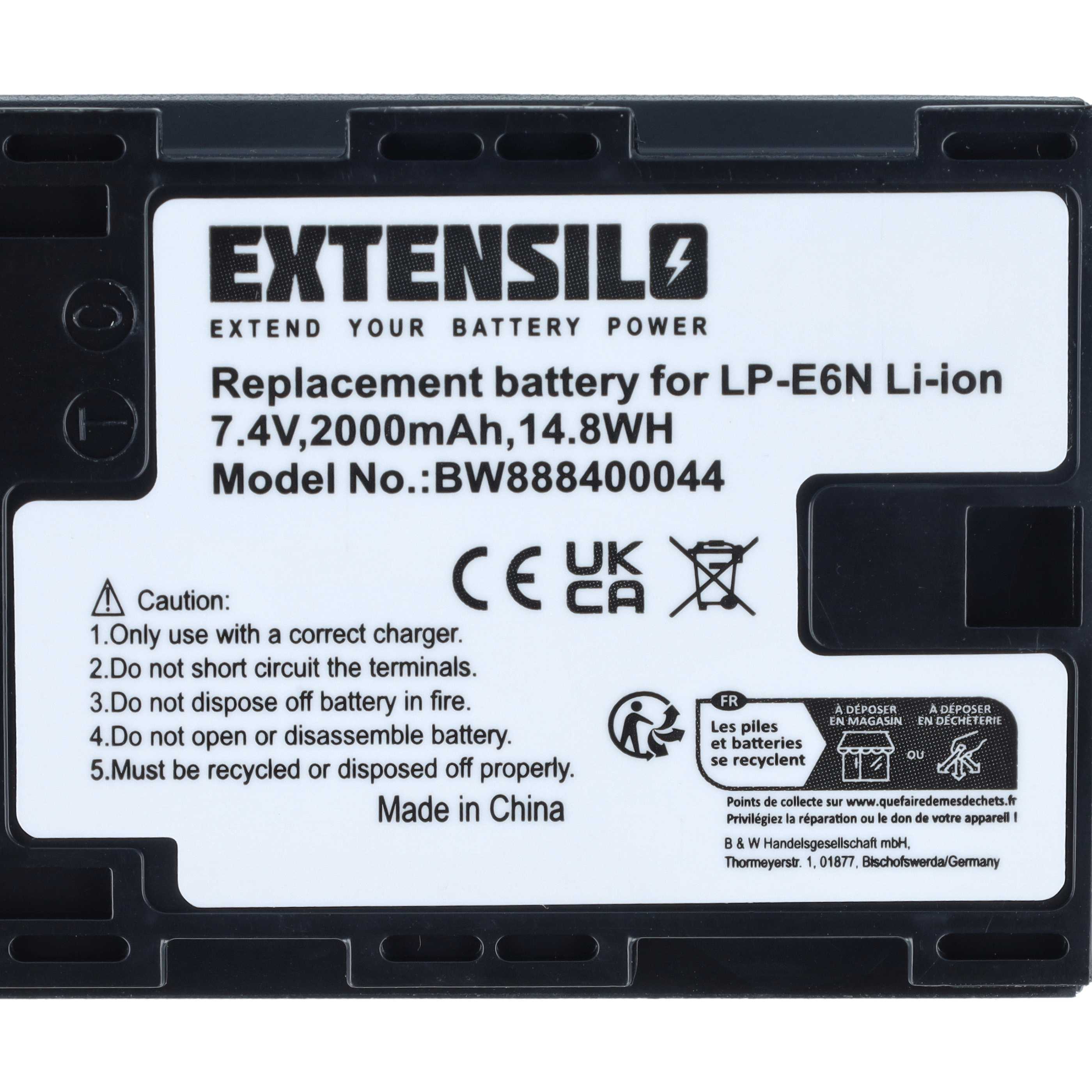 Battery replaces Canon LP-E6N - 2000mAh, 7.4V, Li-Ion