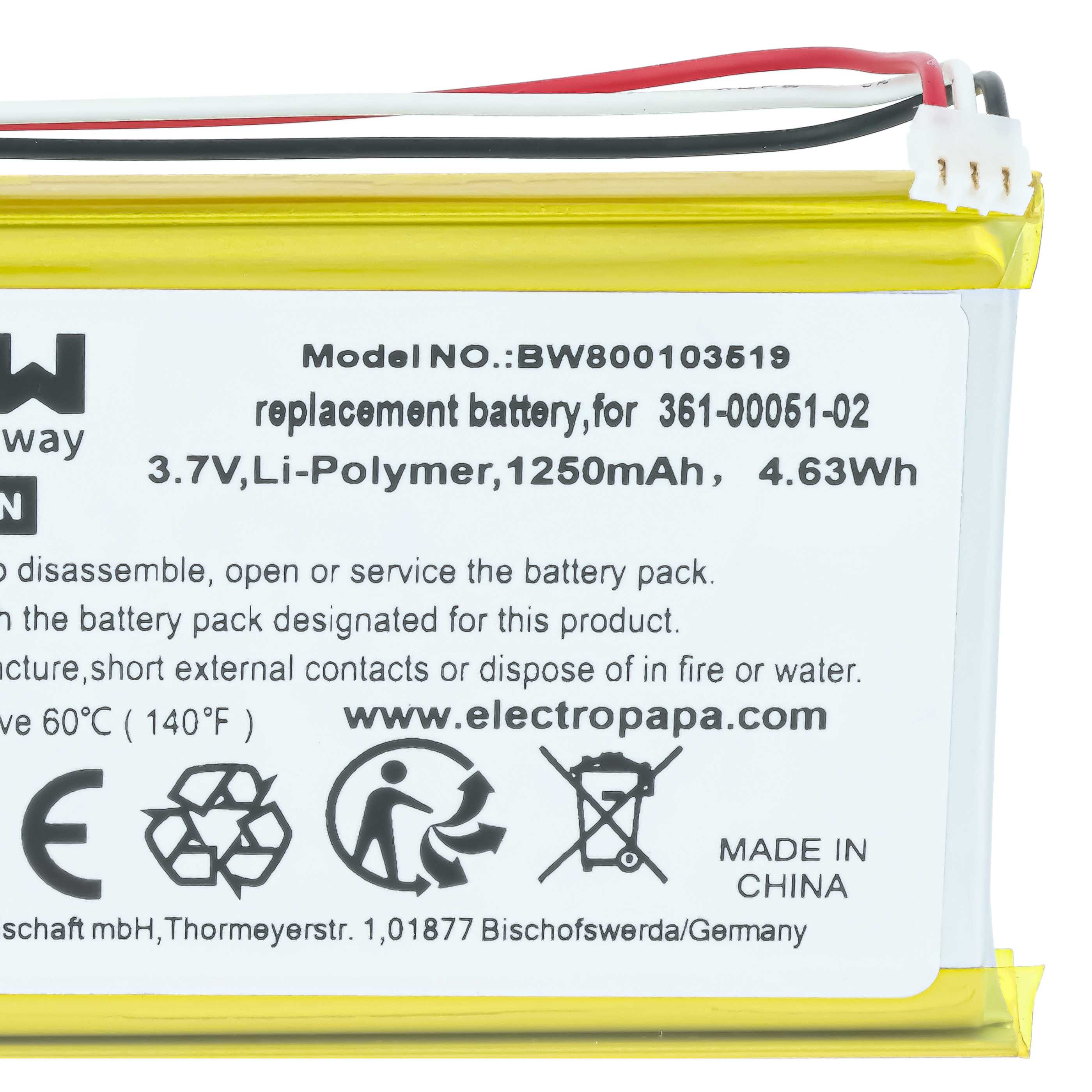 Batteria sostituisce Garmin 361-00051-02, 361-00051-01, 361-00051-00 per navigatore - 1250mAh 3,7V Li-Poly