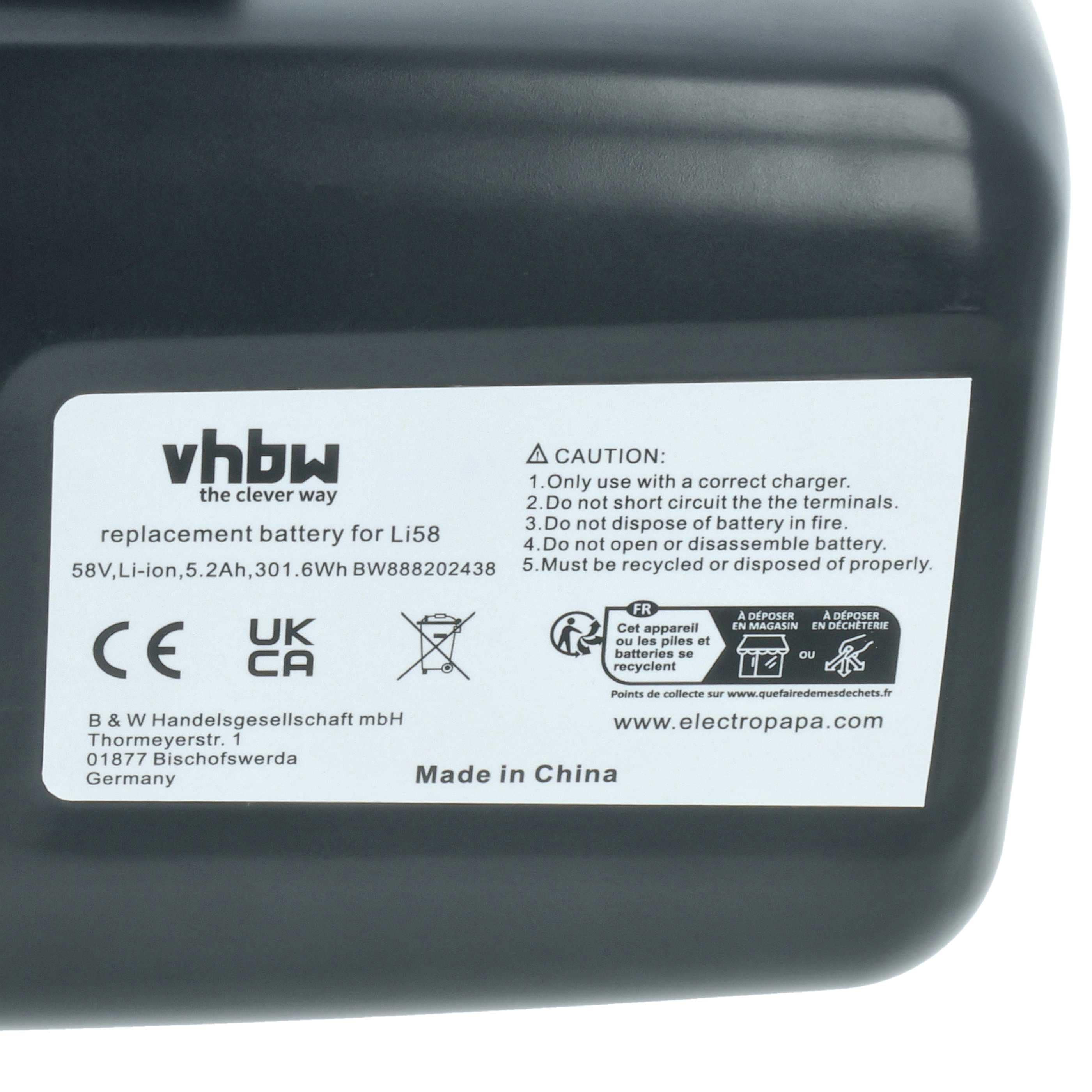 Battery replaces McCulloch 59-09.238.03, 582611701, 590810401 - 5200 mAh 58 V Li-Ion, black / yellow
