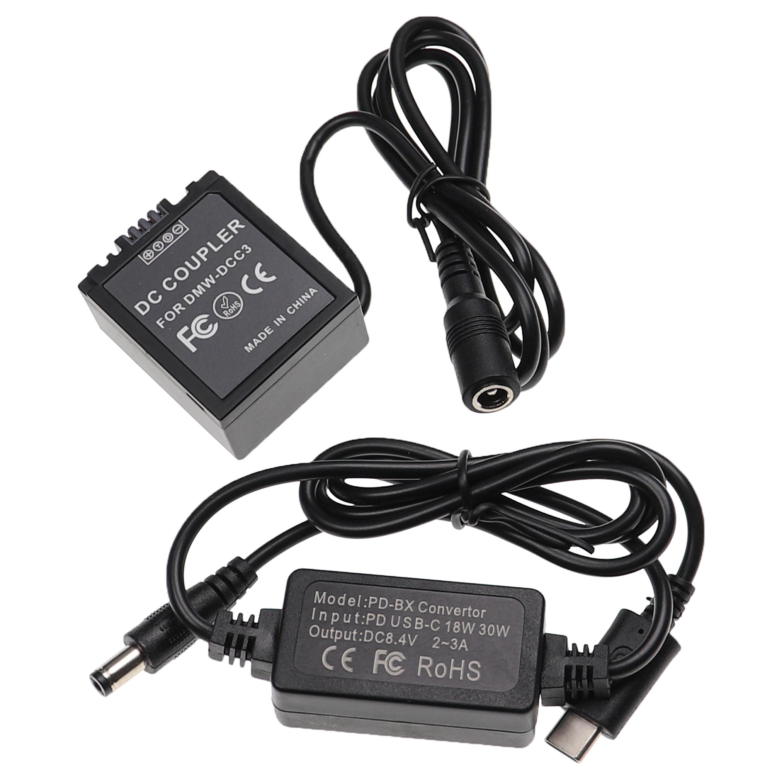 Fuente alimentación USB reemplaza Panasonic DMW-AC8 para cámaras + acoplador CC reemplaza Panasonic DMW-DCC3