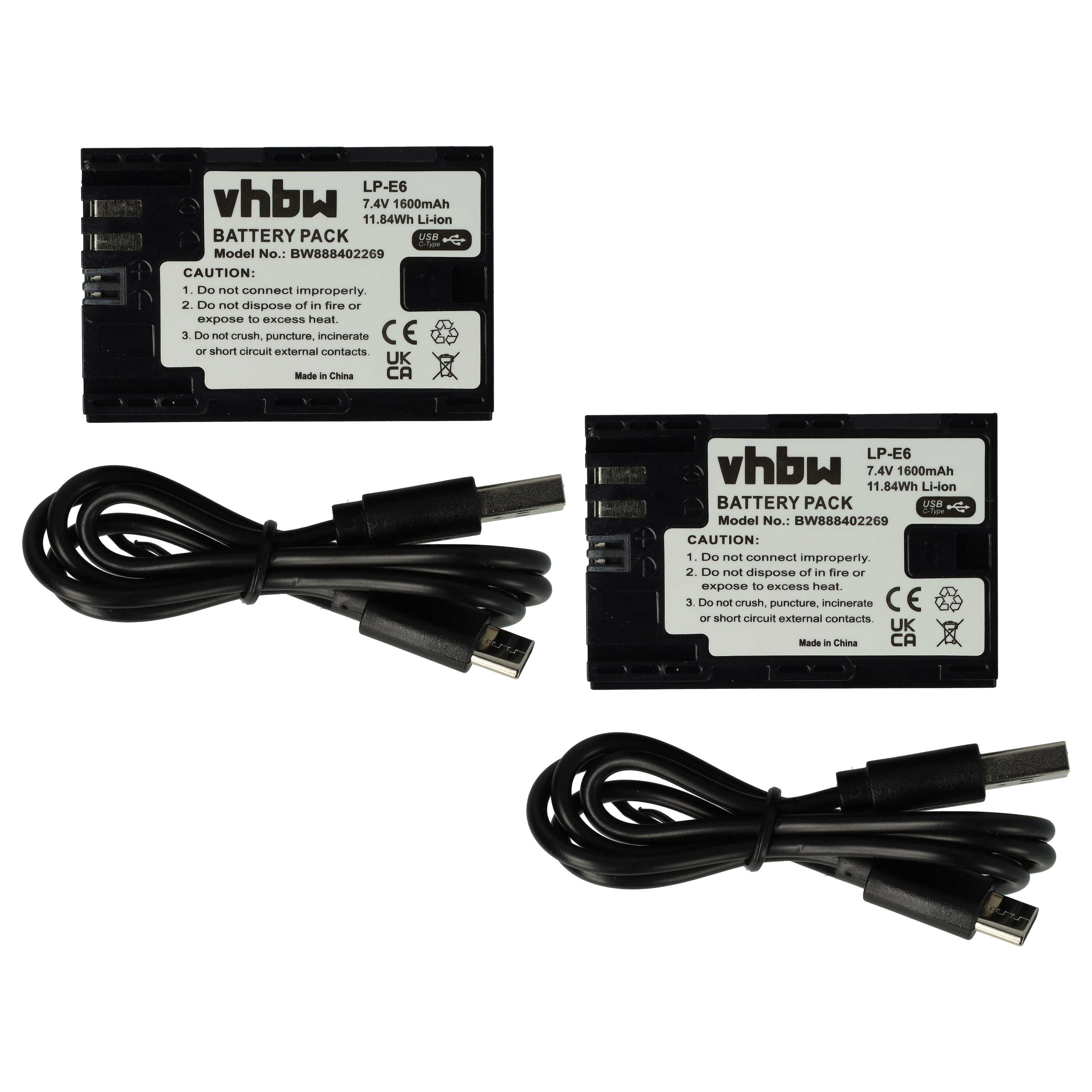 2x Battery replaces Canon LP-E6 - 1600mAh, 7.4V, Li-Ion, with USB C Socket