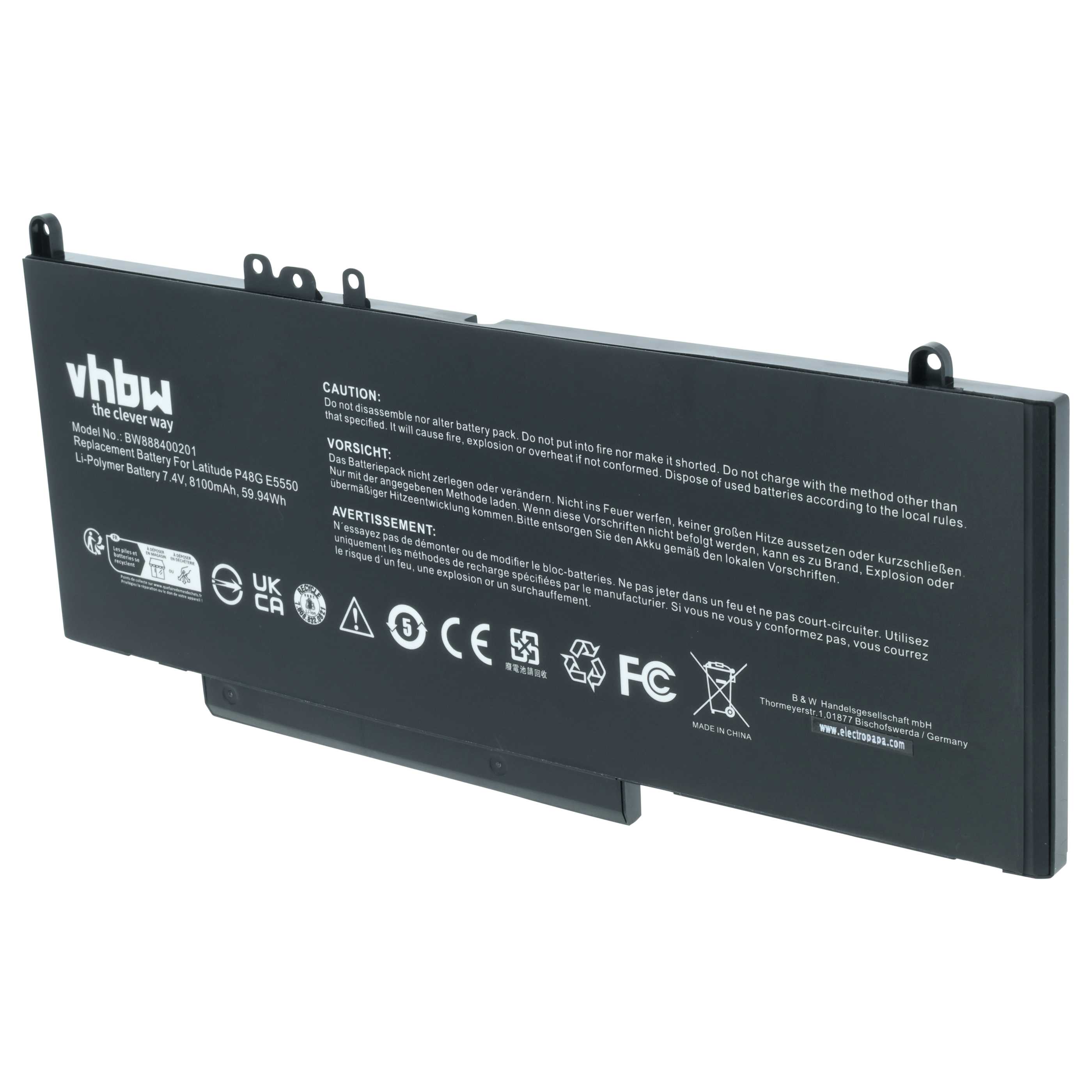 Batteria sostituisce Dell 079VRK, 0G5M10, 1KY05, 0WYJC2, 451-BBLL per notebook - 8100mAh 7,6V Li-Poly
