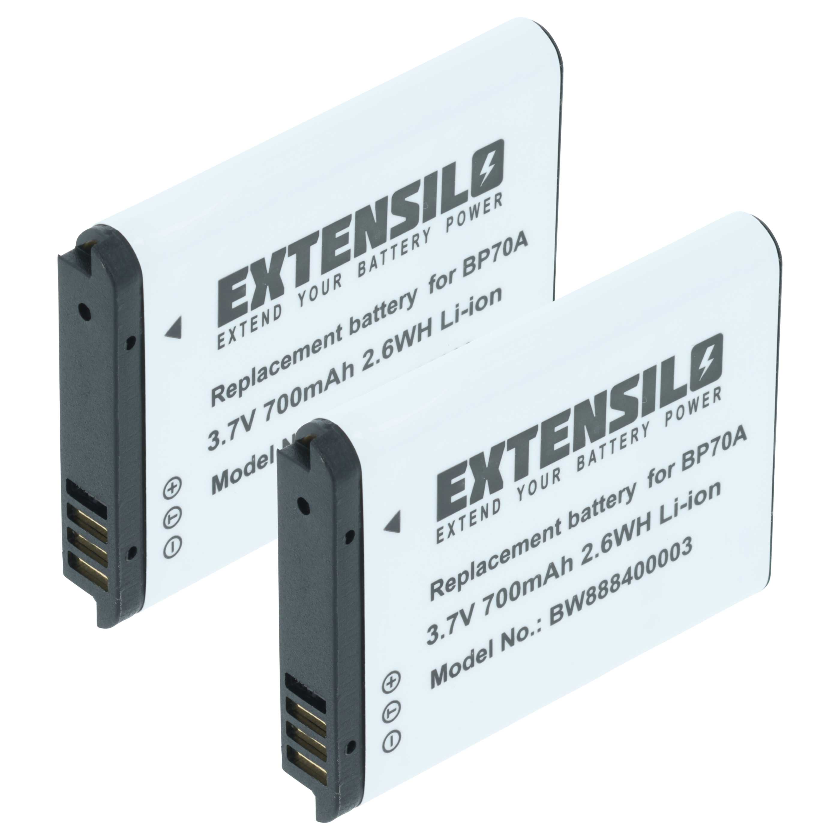 2x Battery replaces Samsung BP-70a, SLB-70A, BP70a, EA-BP70A - 700mAh, 3.6V, Li-Ion