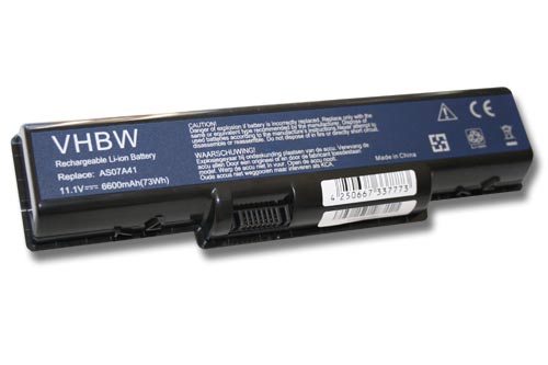 Notebook Battery Replacement for Acer AS07A31, AS07A32, AS07A41, AS07A42 - 6600mAh 11.1V Li-Ion, black