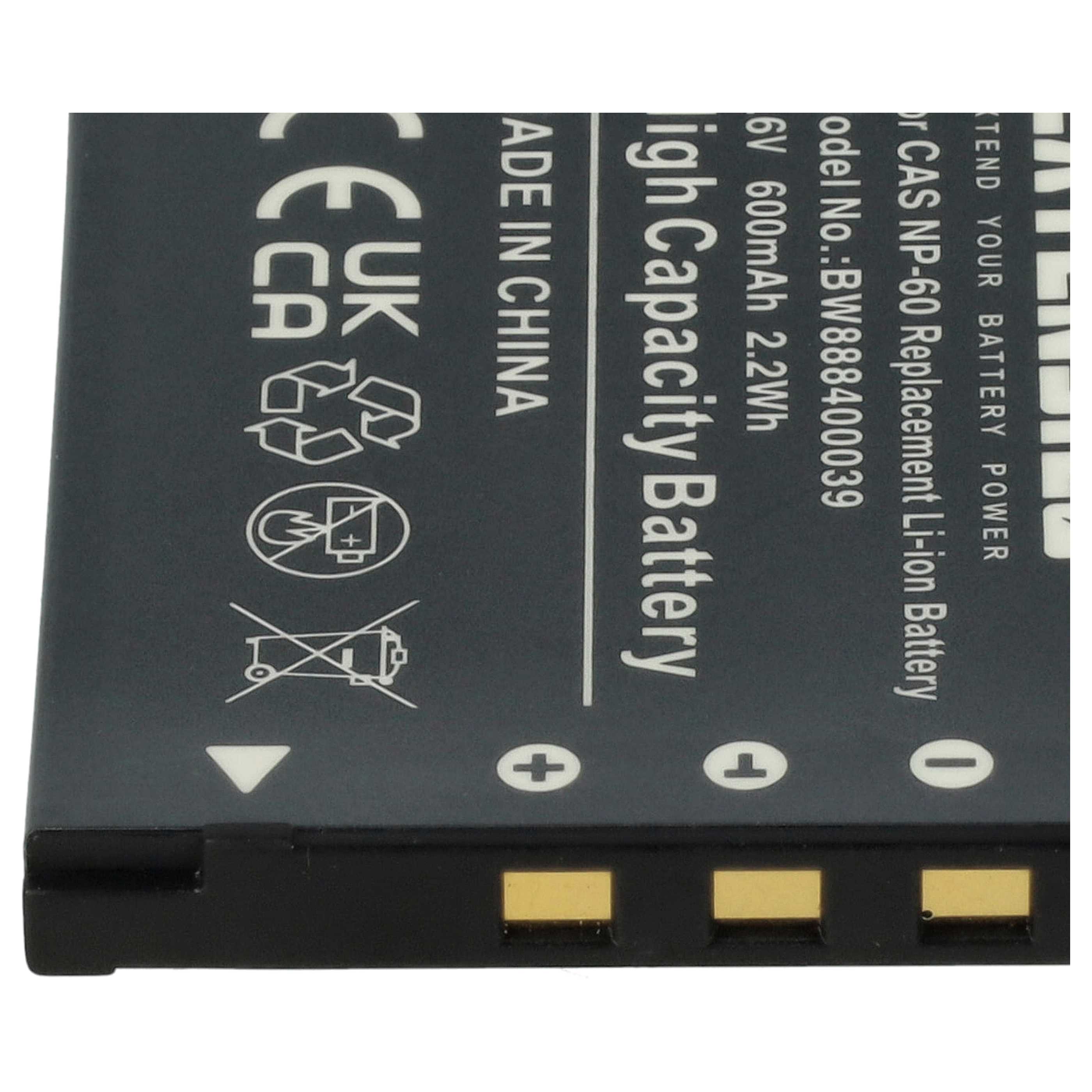 Battery replaces Casio NP-60 - 600mAh, 3.7V, Li-Ion
