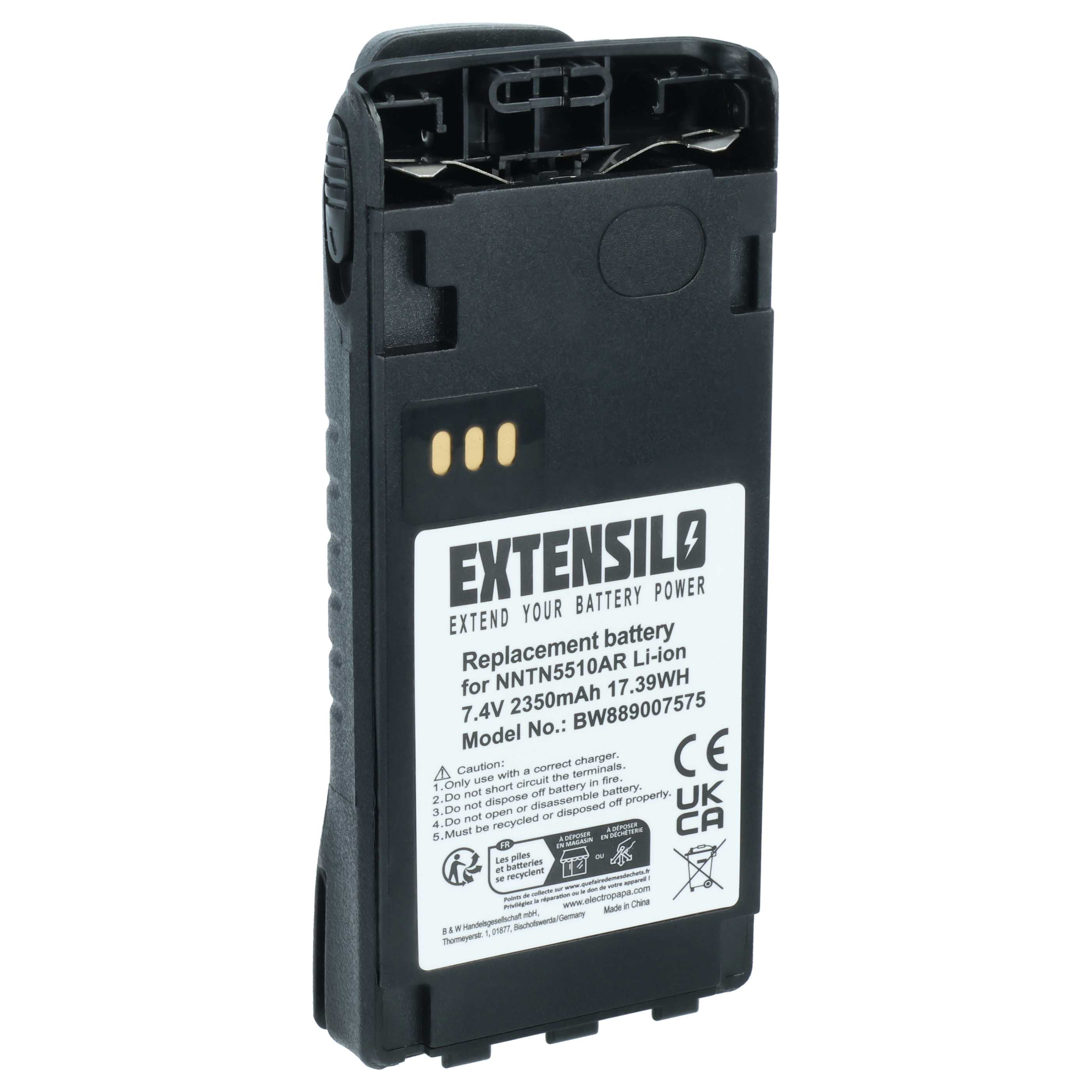 Radio Battery replaces Motorola NNTN5510BR, NNTN5510AR - 2350 mAh 7.4 V Li-Ion + Belt Clip