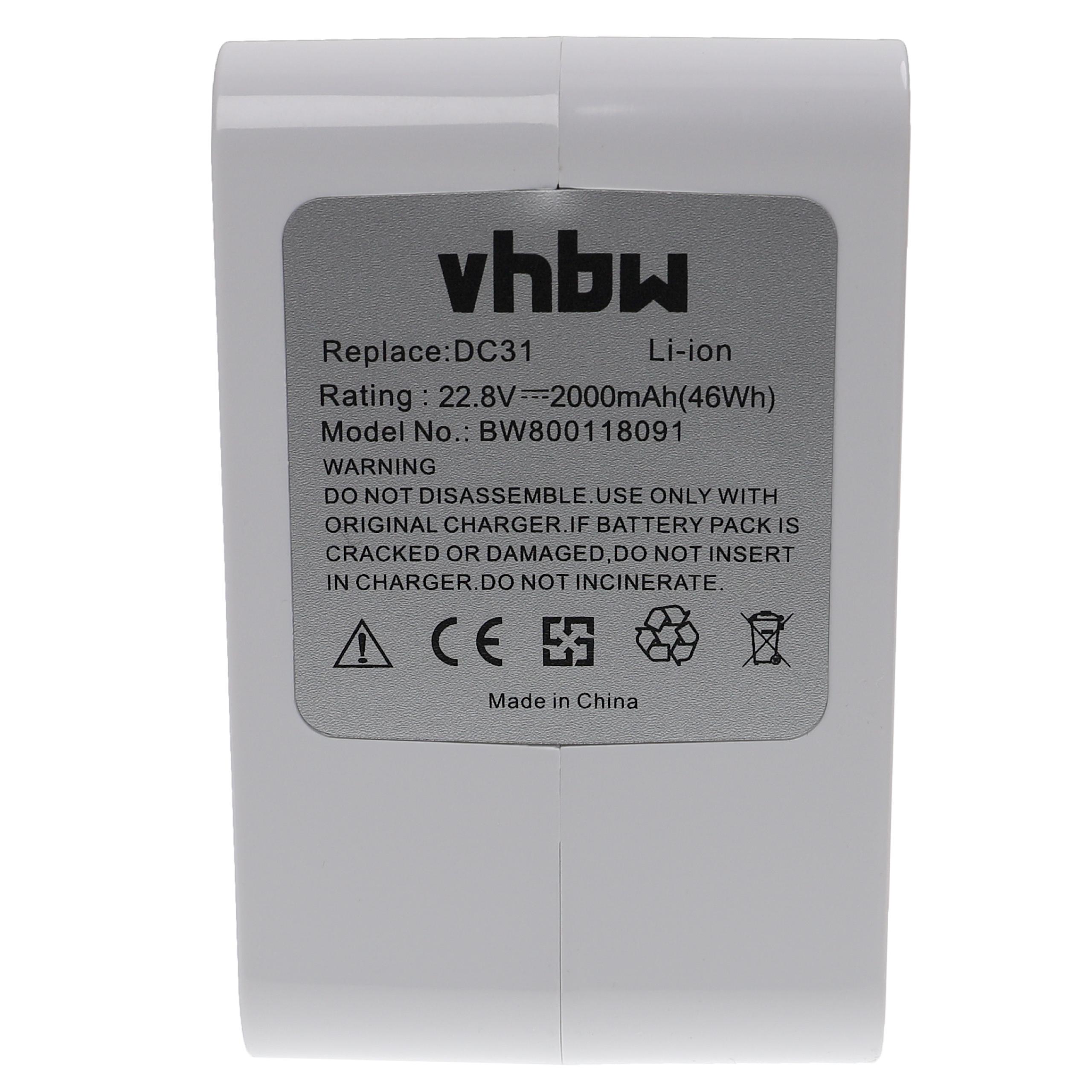 Batterie remplace Dyson 17083-5010, 17083-3009, 17083-3511 pour aspirateur - 2000mAh 22,2V Li-ion, blanc