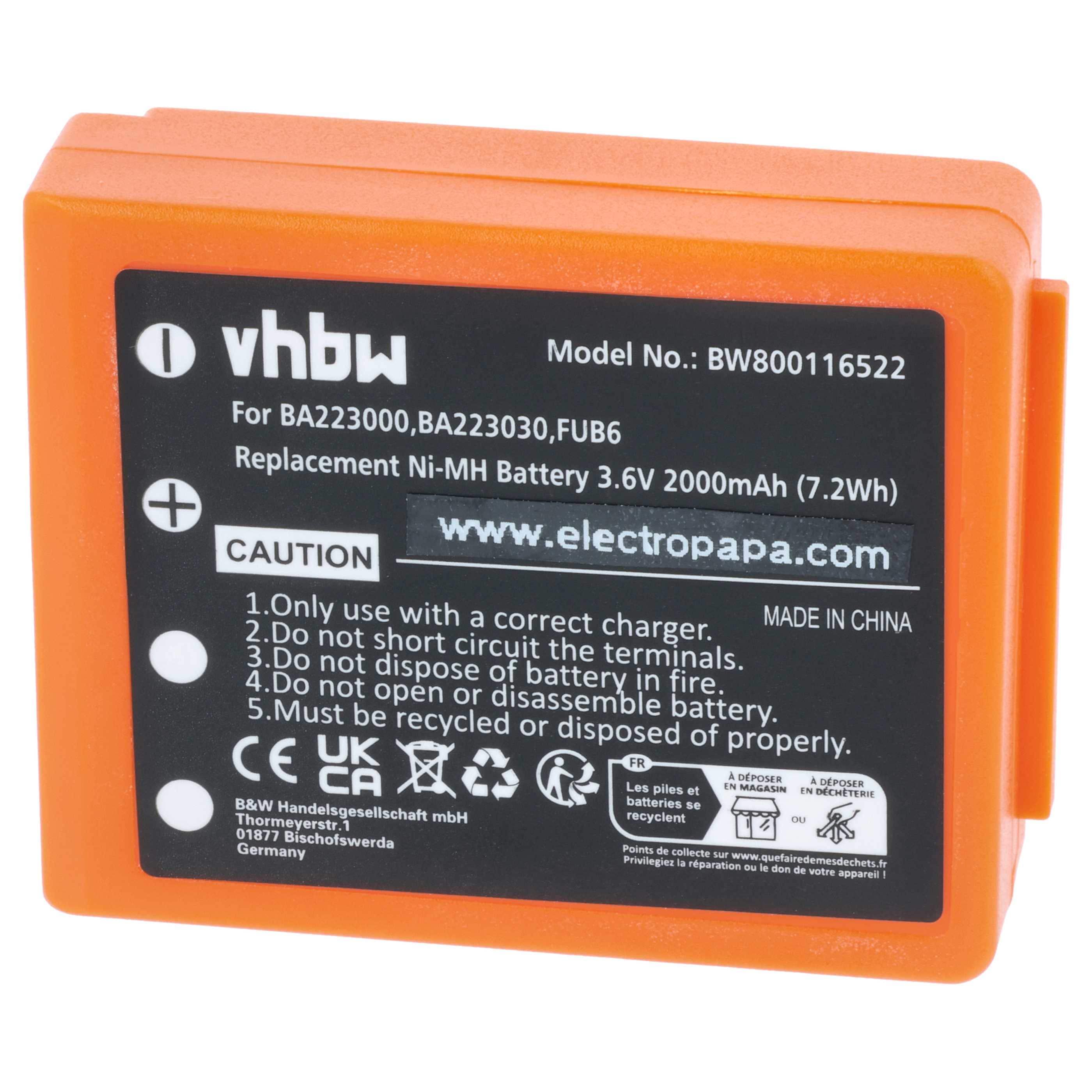 Battery as Replacement for HBC BA223031, BA223001, BA223000, BA223030 Remote Control - 2000 mAh 3.6 V NiMH