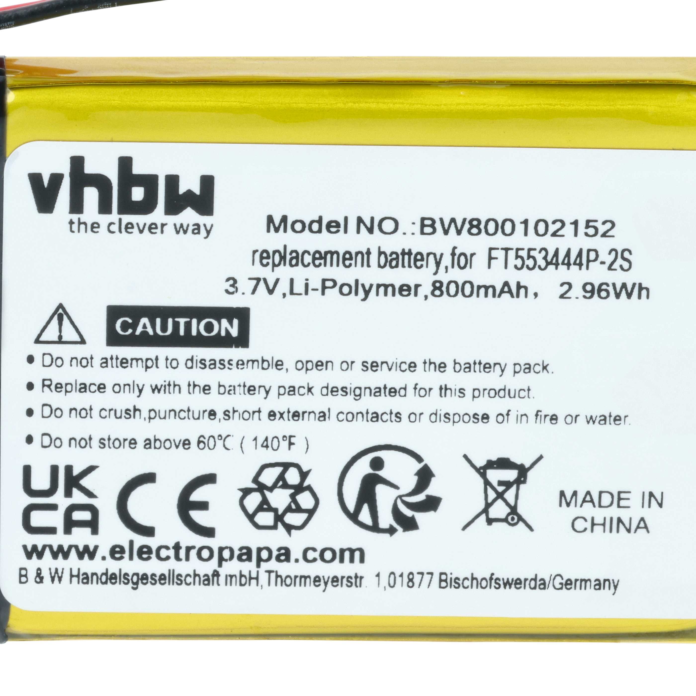 Radio Battery replaces FT553444P-2S - 800 mAh 3.7 V Li-Ion