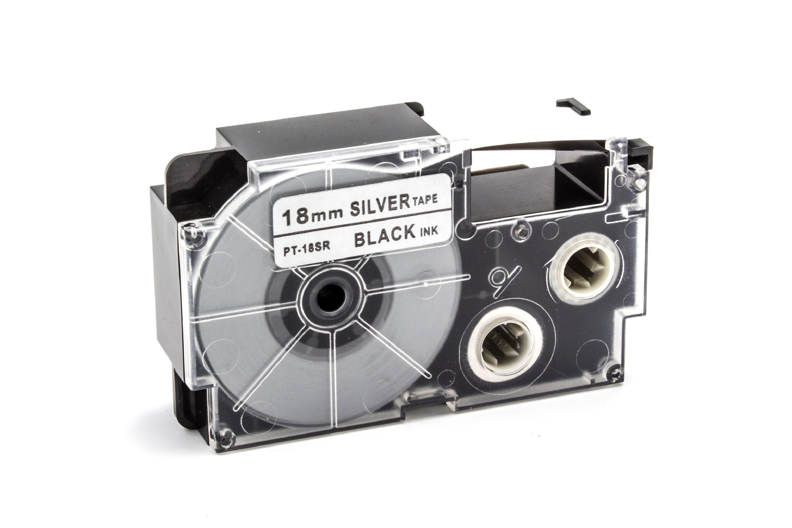 Cassette à ruban remplace Casio XR-18SR1, XR-18SR - 18mm lettrage Noir ruban Argent, pet+ RESIN