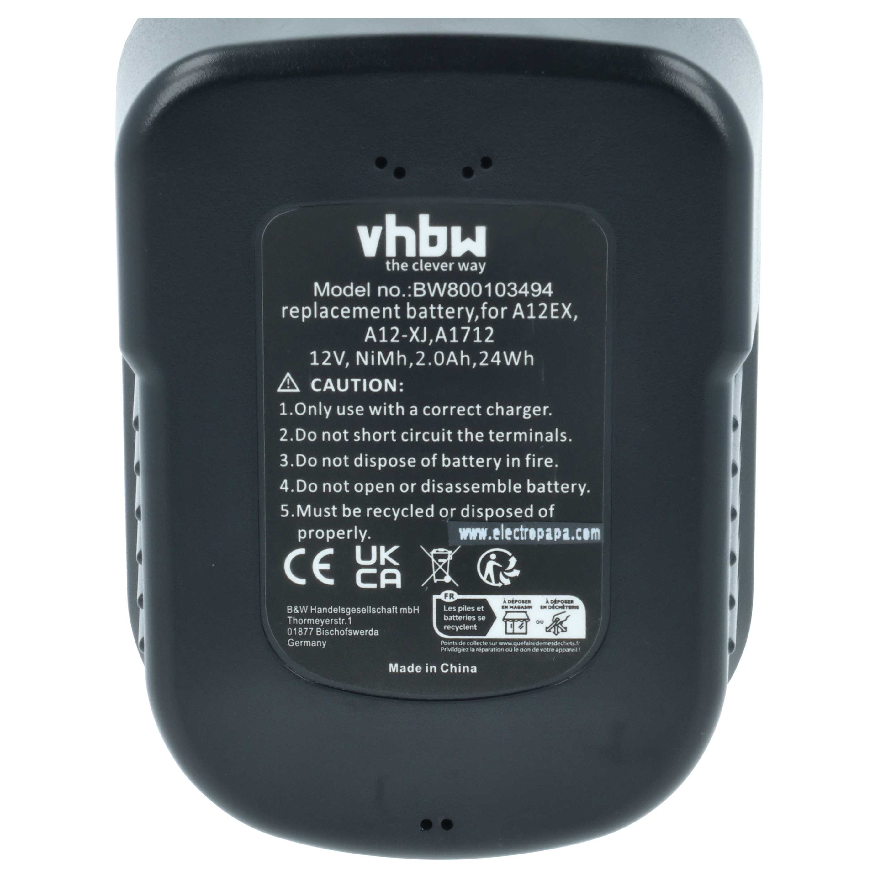 2x Battery replaces Black & Decker A12, A12-XJ, A12EX, A1712, A12E Electric Power Tool - 2000 mAh, 12 V, NiMH