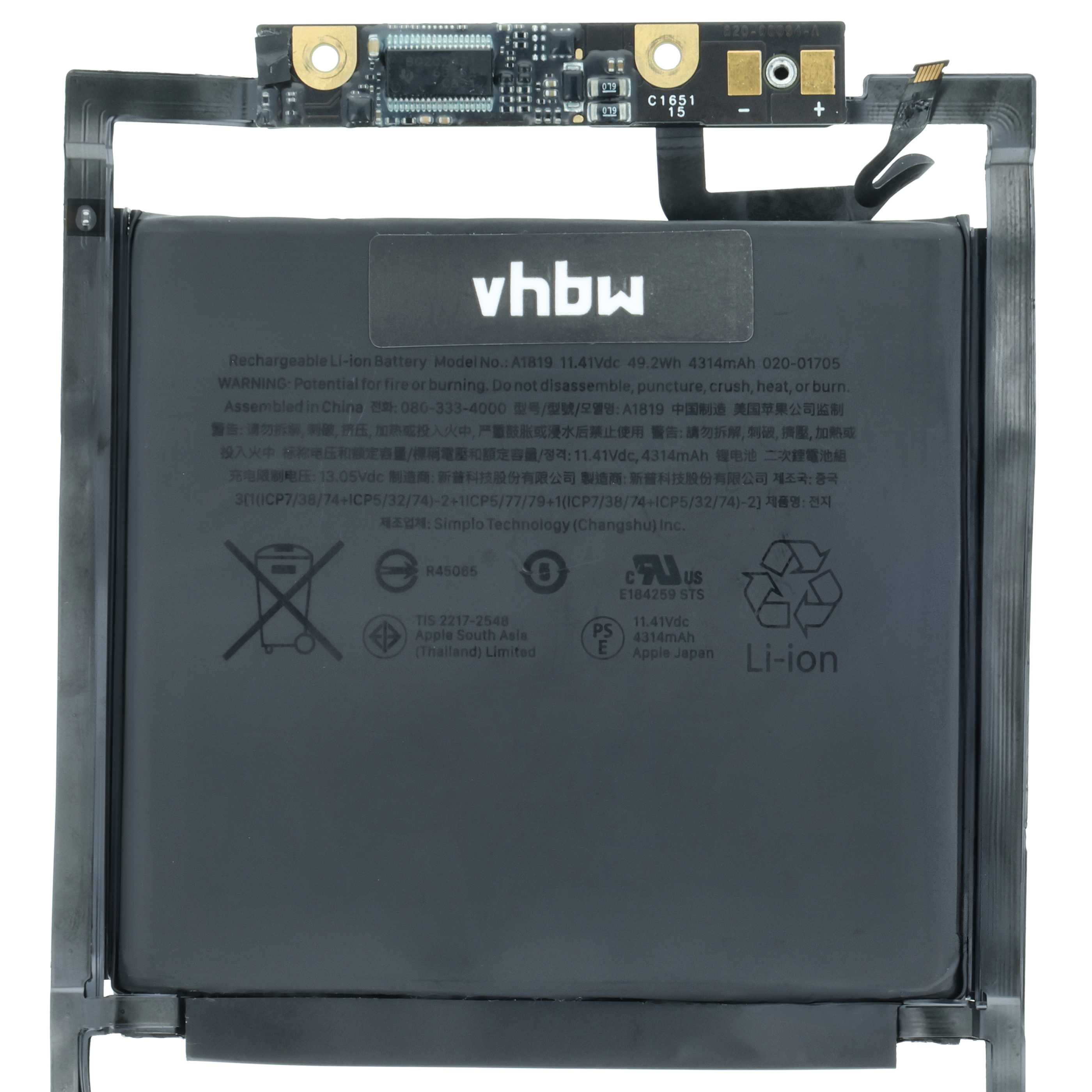 Notebook-Akku als Ersatz für Apple 020-01705, A1819 für Apple - 4300mAh 11,4V Li-Polymer, schwarz