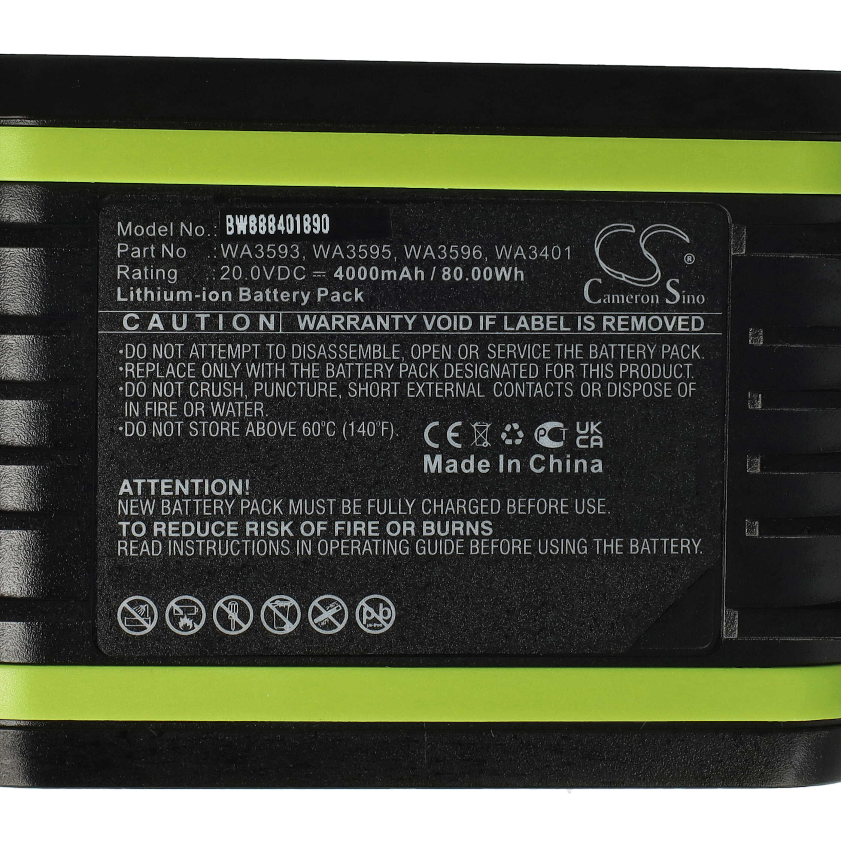 Batería reemplaza Worx WA3593, WA3401, WA3595, WA3596 para herramienta - 4000 mAh, 20 V, Li-Ion