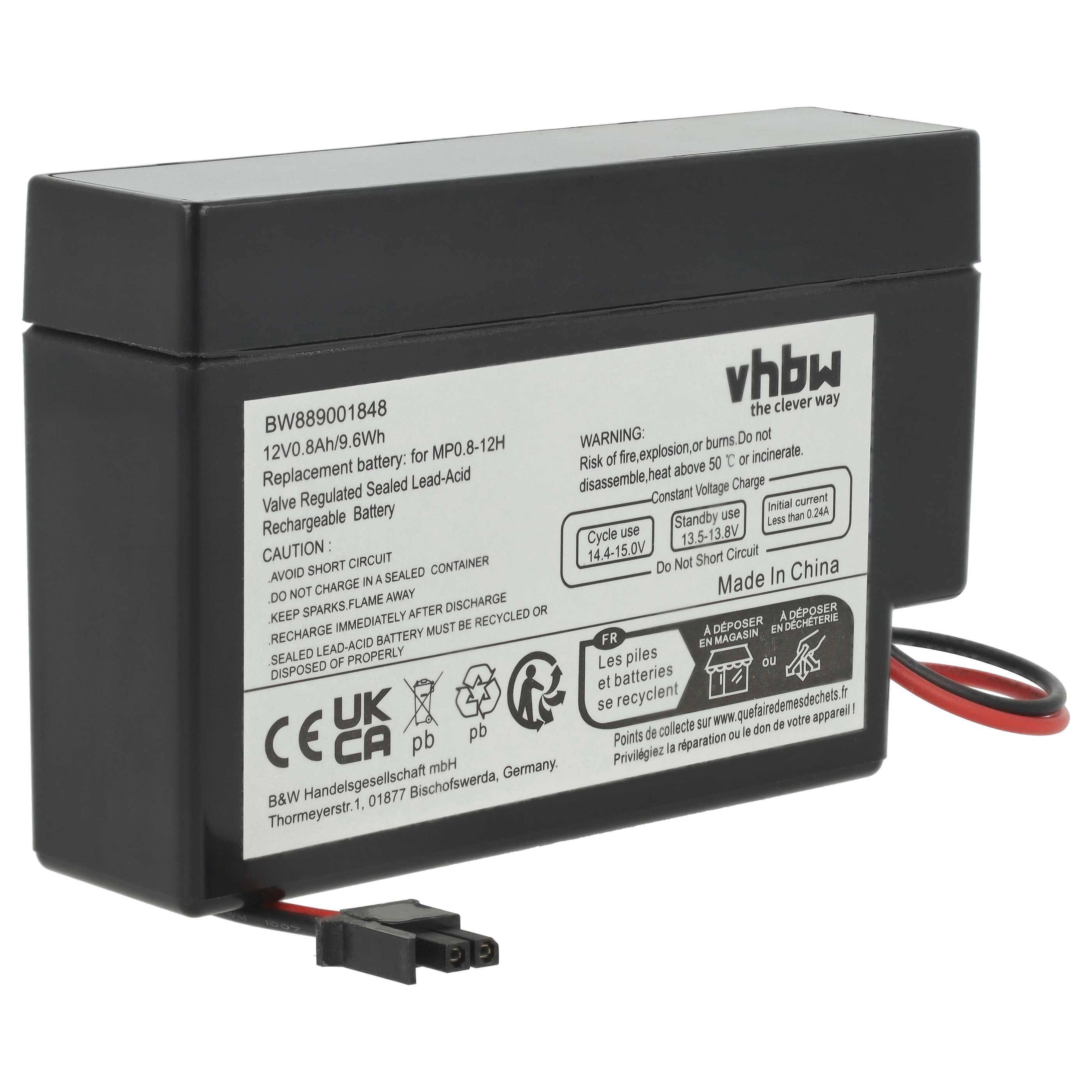 4x Batteria sostituisce MP0.8-12H - 800mAh 12V AGM, connettore AMP