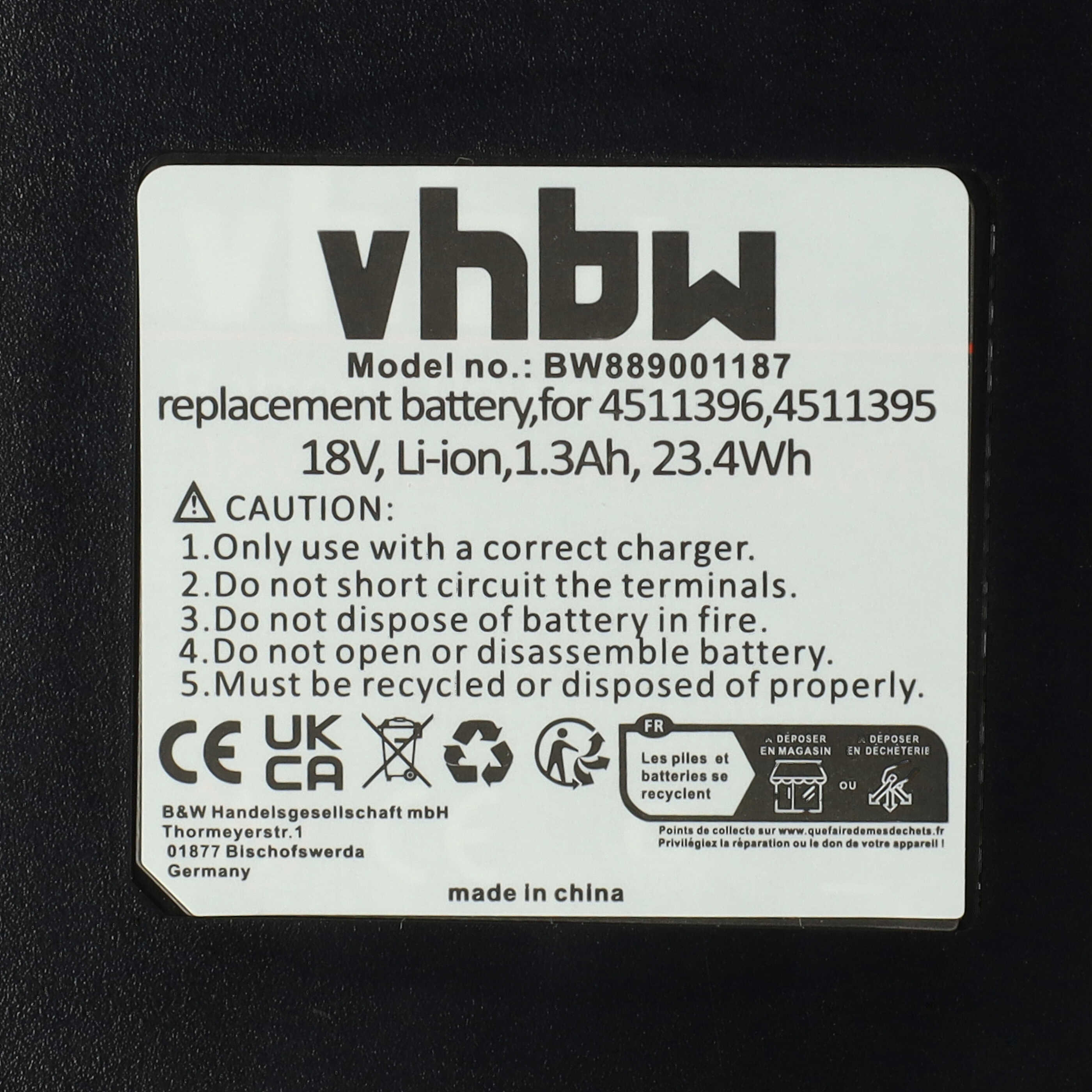Akku 18V als Ersatz für Einhell 4511501, 45.114.36, 4511437, 4511396, 4511395, 4511502 - 1,3Ah, Li-Ion