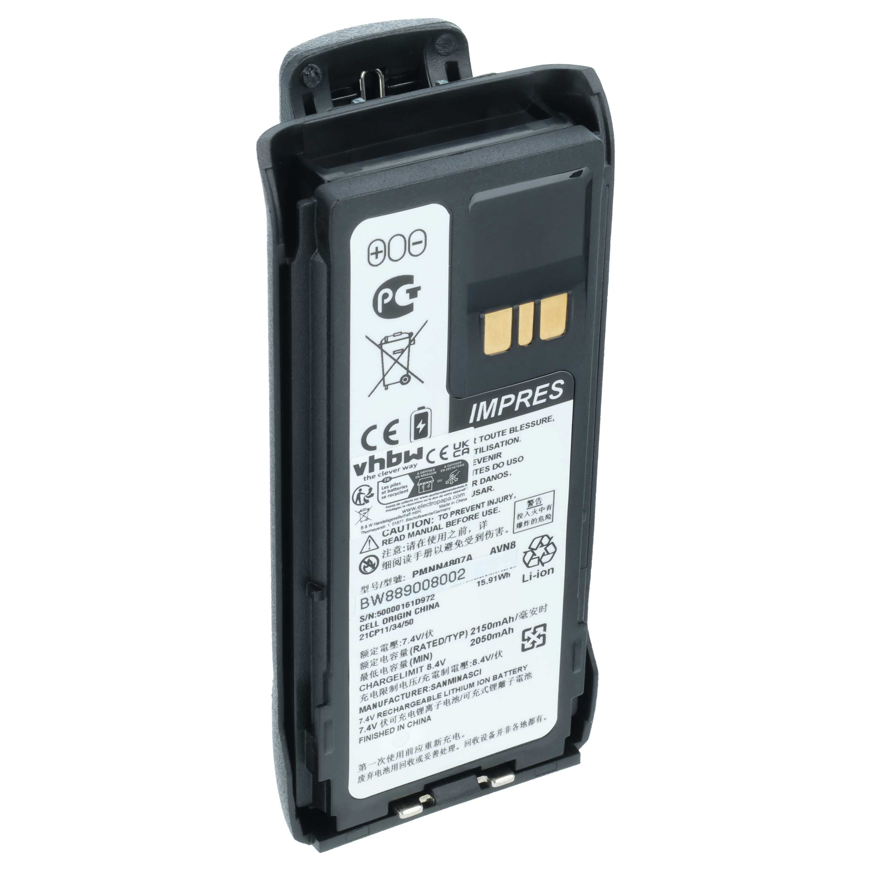 Radio Battery replaces Motorola PMNN4407A, PMNN4807, PMNN4807A, PMNN4407 - 2150 mAh 8.4 V Li-Ion + Belt Clip