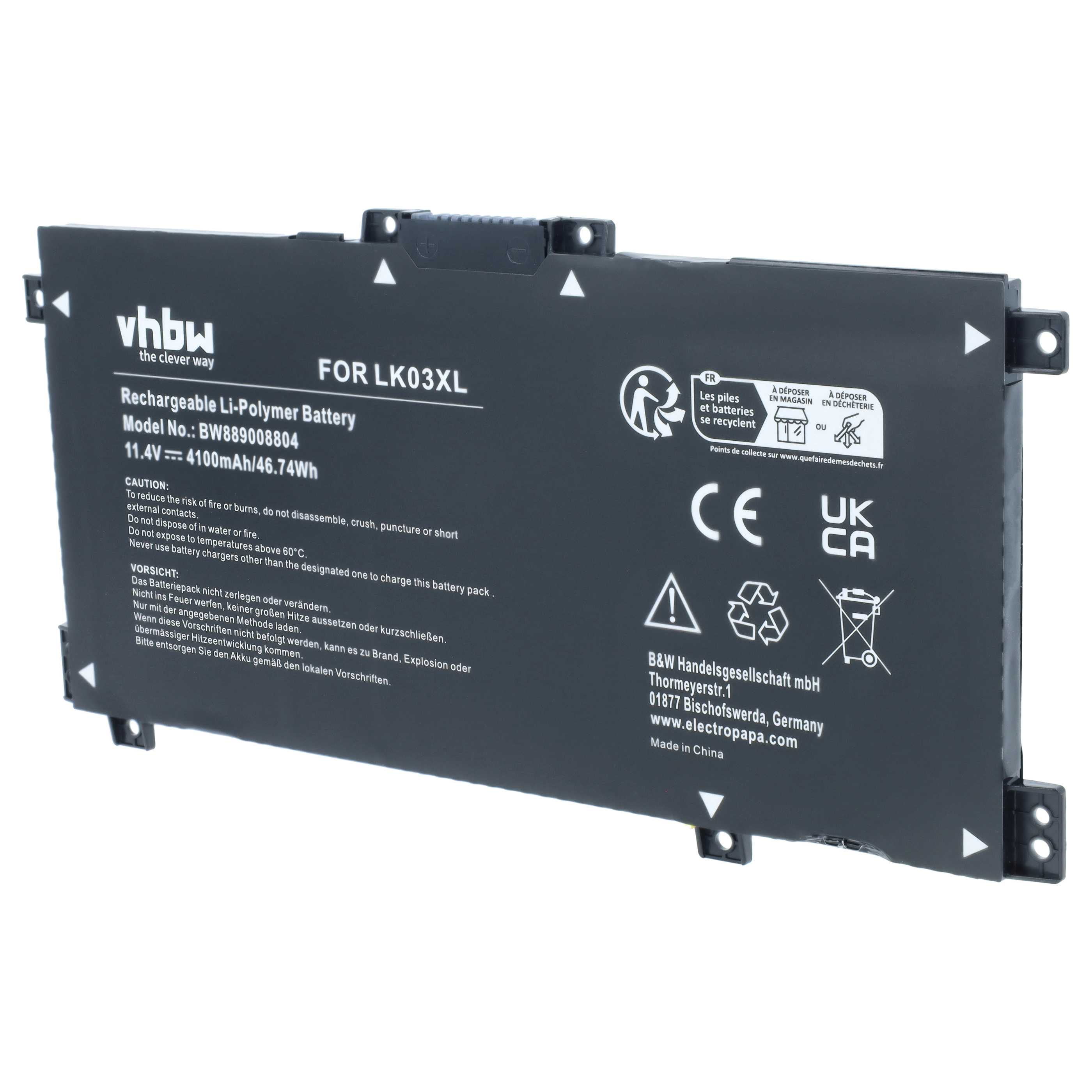 Notebook-Akku als Ersatz für HP 916368-541, 916814-855 für HP - 4100mAh 11,4V Li-Polymer, schwarz