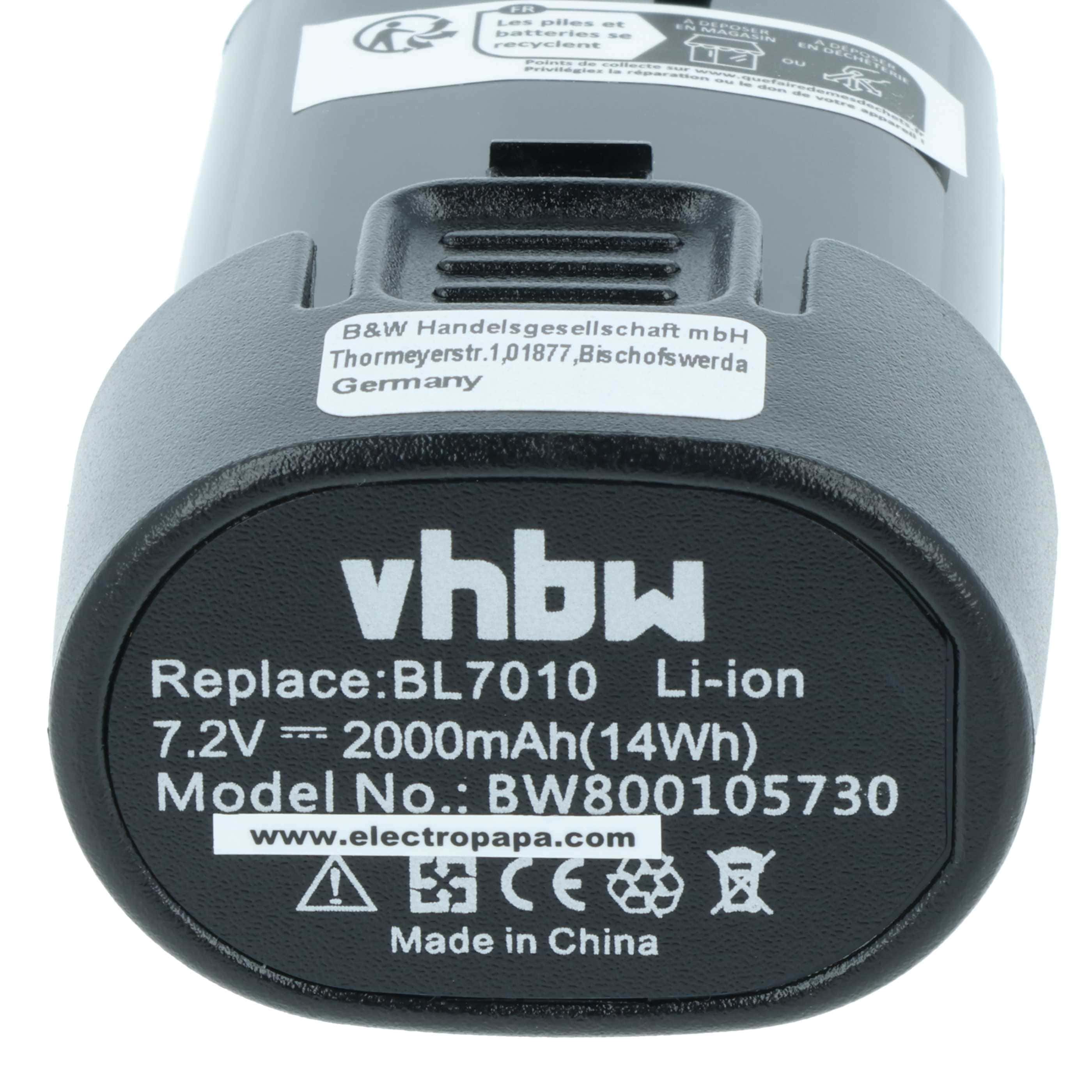 3x Battery replaces Makita BL7010, 194356-2, 194355-4 Electric Power Tool - 2000 mAh, 7.2 V, Li-Ion