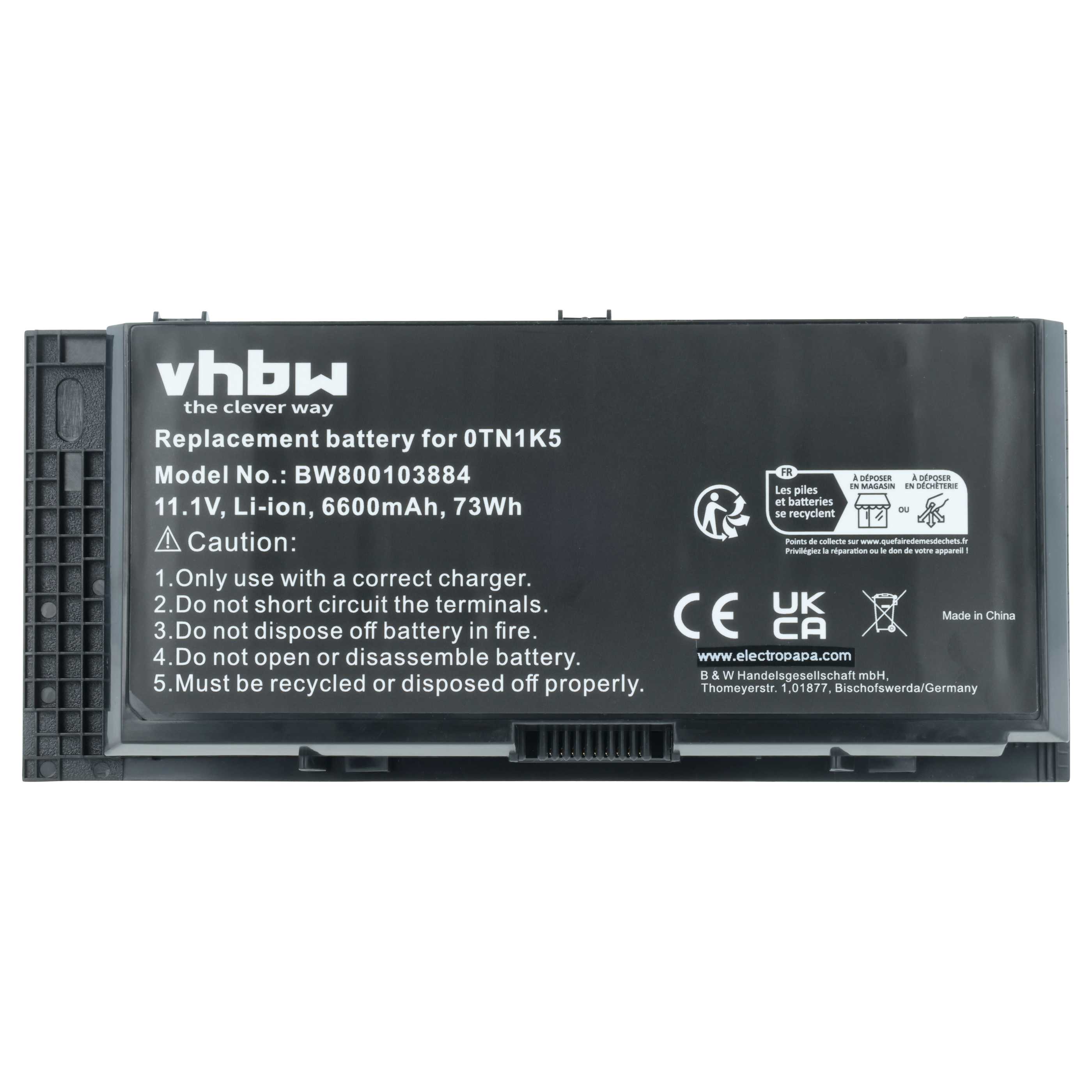 Batteria sostituisce Dell 0JHYP2, 0FVWT4, 0R7PND, 0PG6RC, 0RY6WH per notebook - 6600mAh 11,1V Li-Ion nero