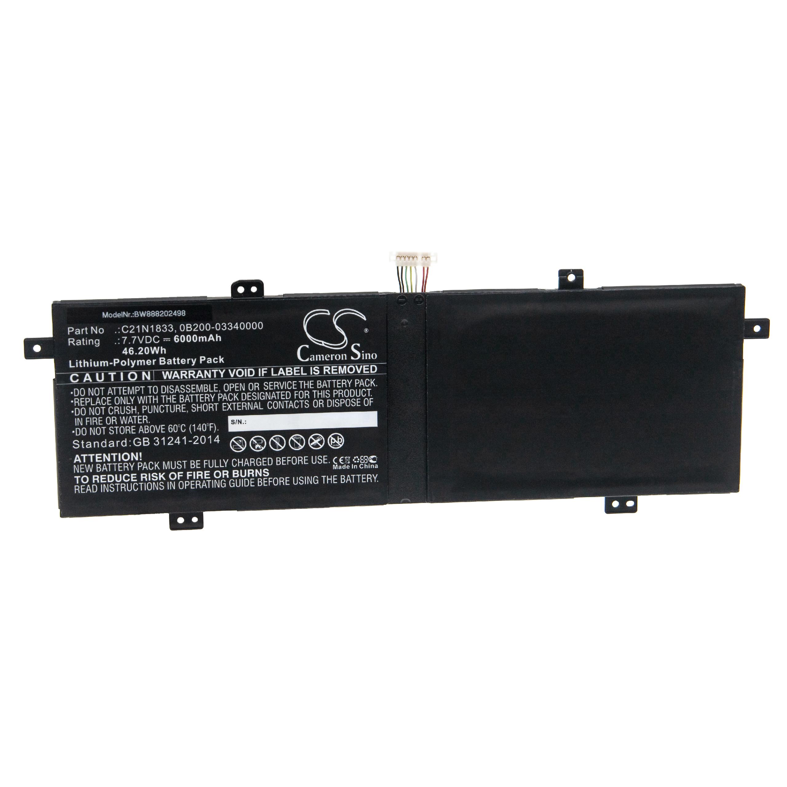 Batterie remplace Asus 0B200-03340000, C21N1833 pour ordinateur portable - 6000mAh 7,7V Li-polymère