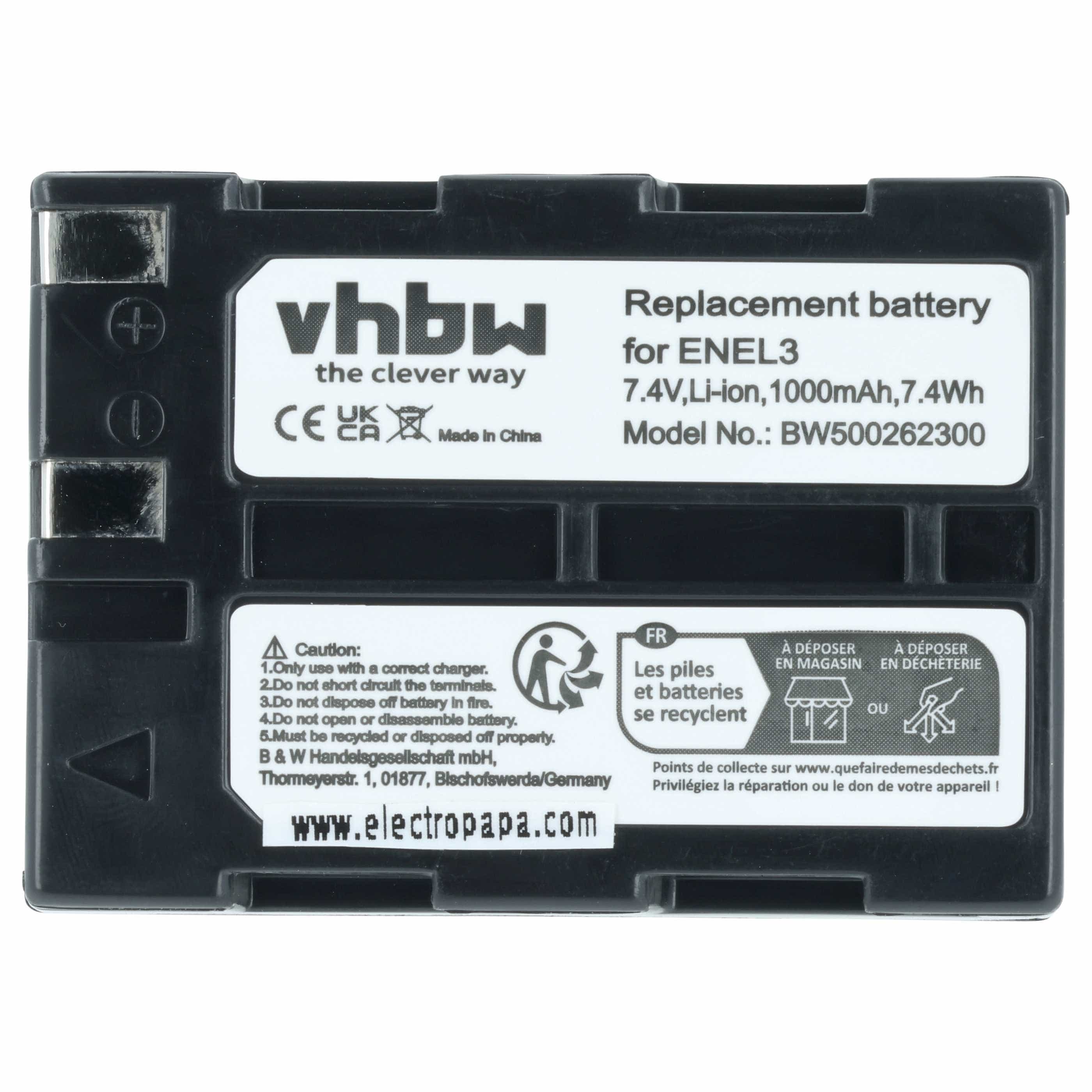 3x Battery replaces Nikon EN-EL3, EN-EL3a - 1000mAh, 7.2V, Li-Ion