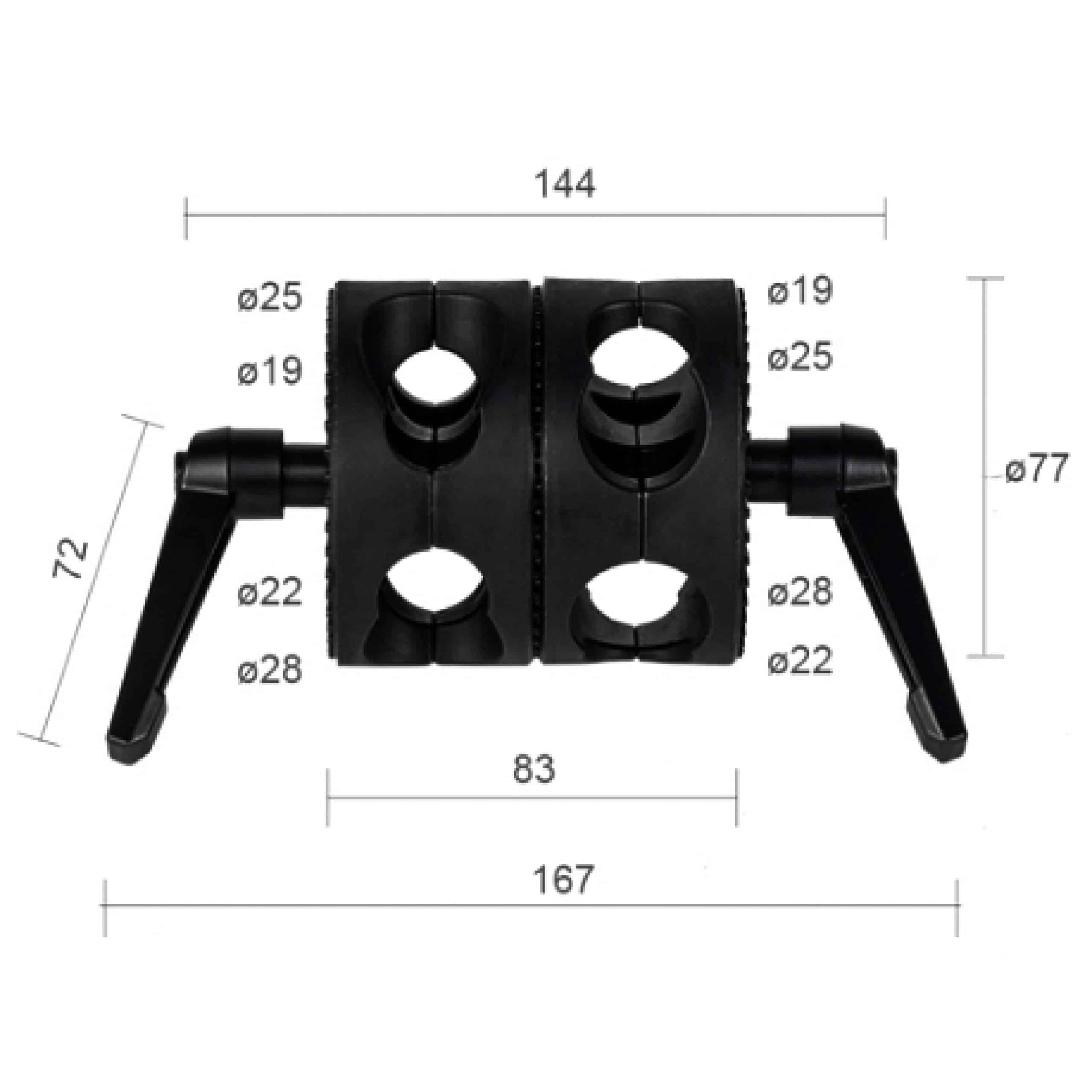 Tube Clamp suitable for 19 / 22 / 25 / 28 mm Pipes, Rods - Reflector Holder