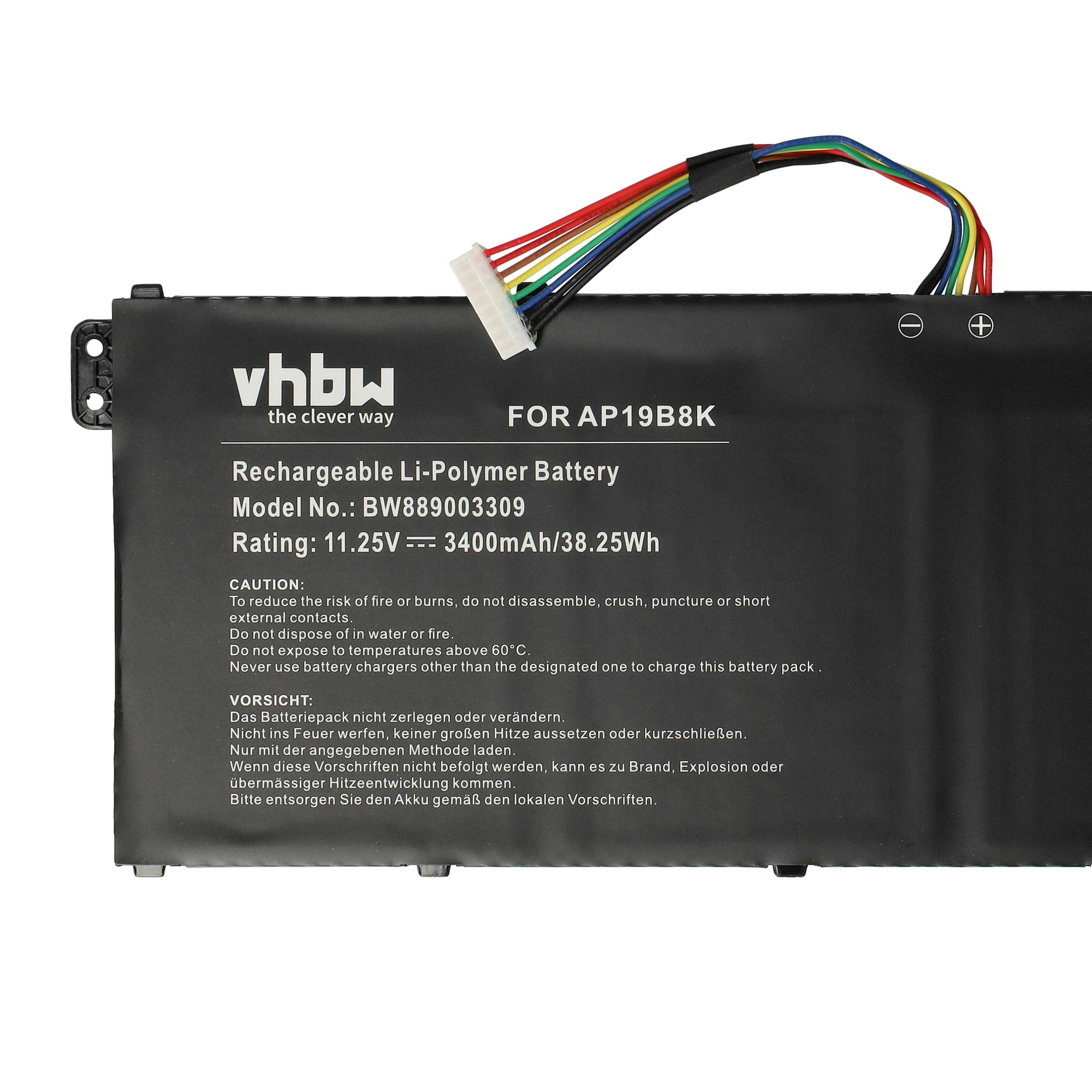 Batterie remplace Acer AP19B8K, AP18C4K pour ordinateur portable - 3400mAh 11,25V Li-polymère, noir