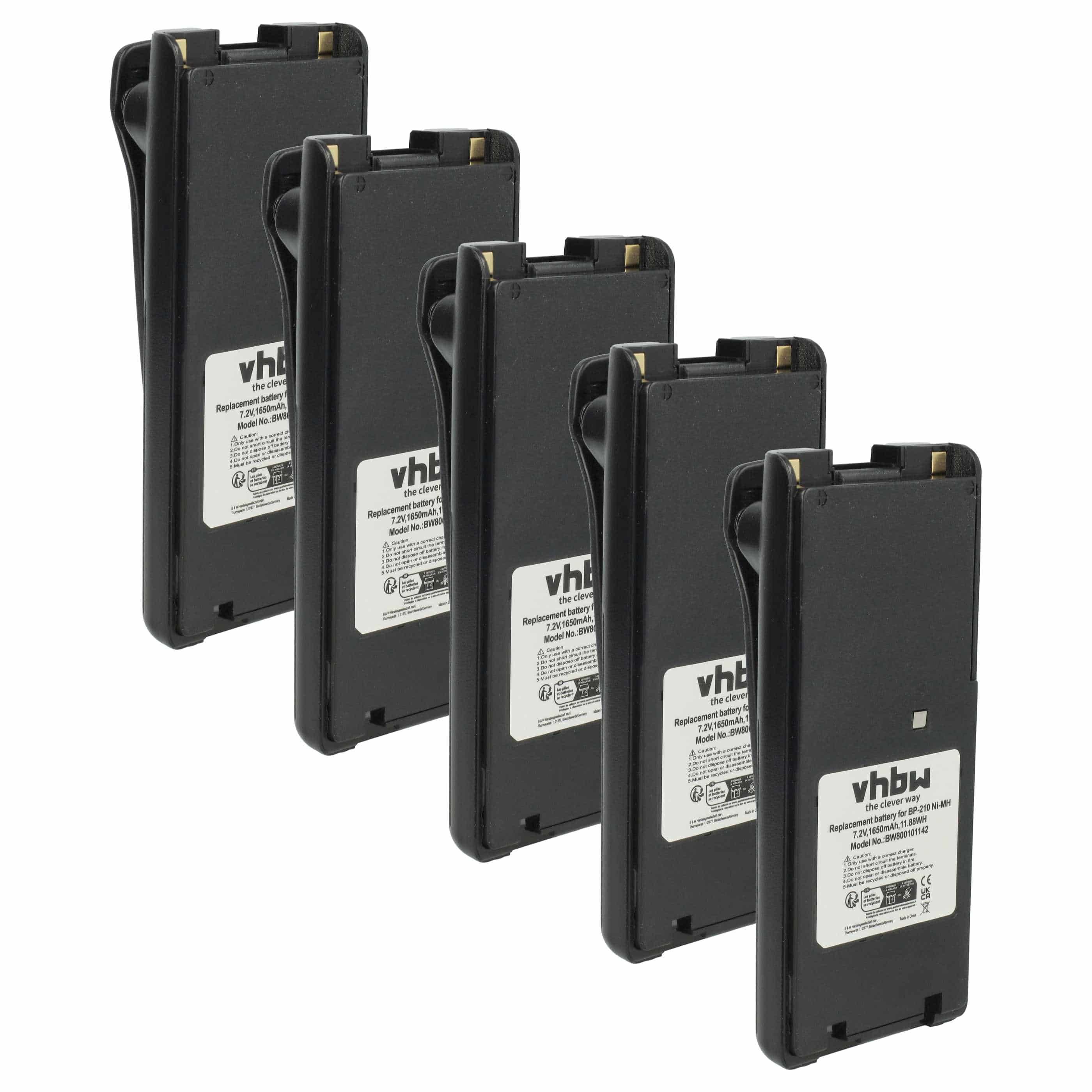 Radio 5x Battery replaces Icom BP-210N, BP-211, BP-210, BP-209N, BP-209 - 1650 mAh 7.2 V NiMH + Belt Clip