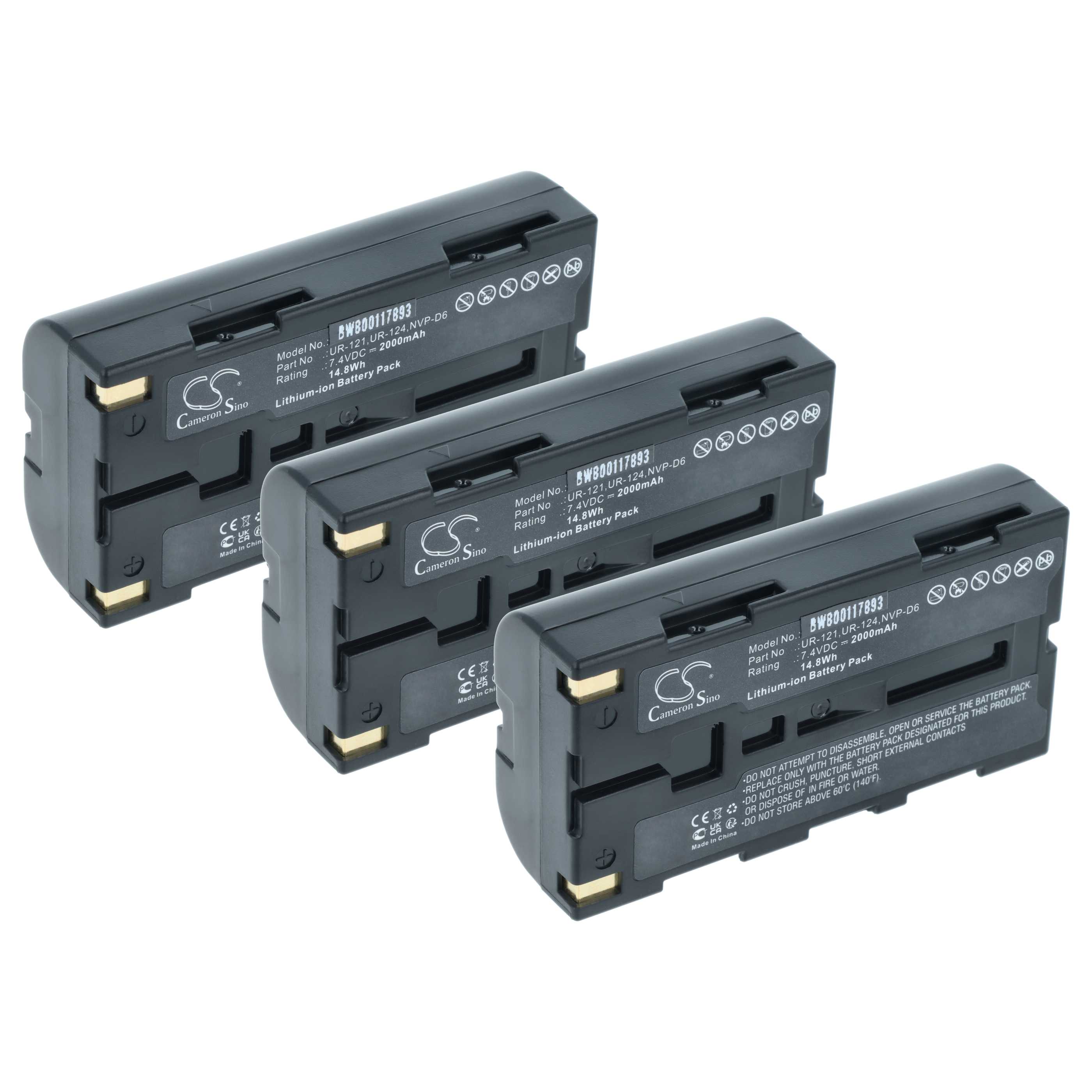 3x Batería reemplaza Sanyo UR-121D, UR-124D, UR-124, UR-121, NVP-D6 para cámara - 2000 mAh 7,4 V Li-Ion