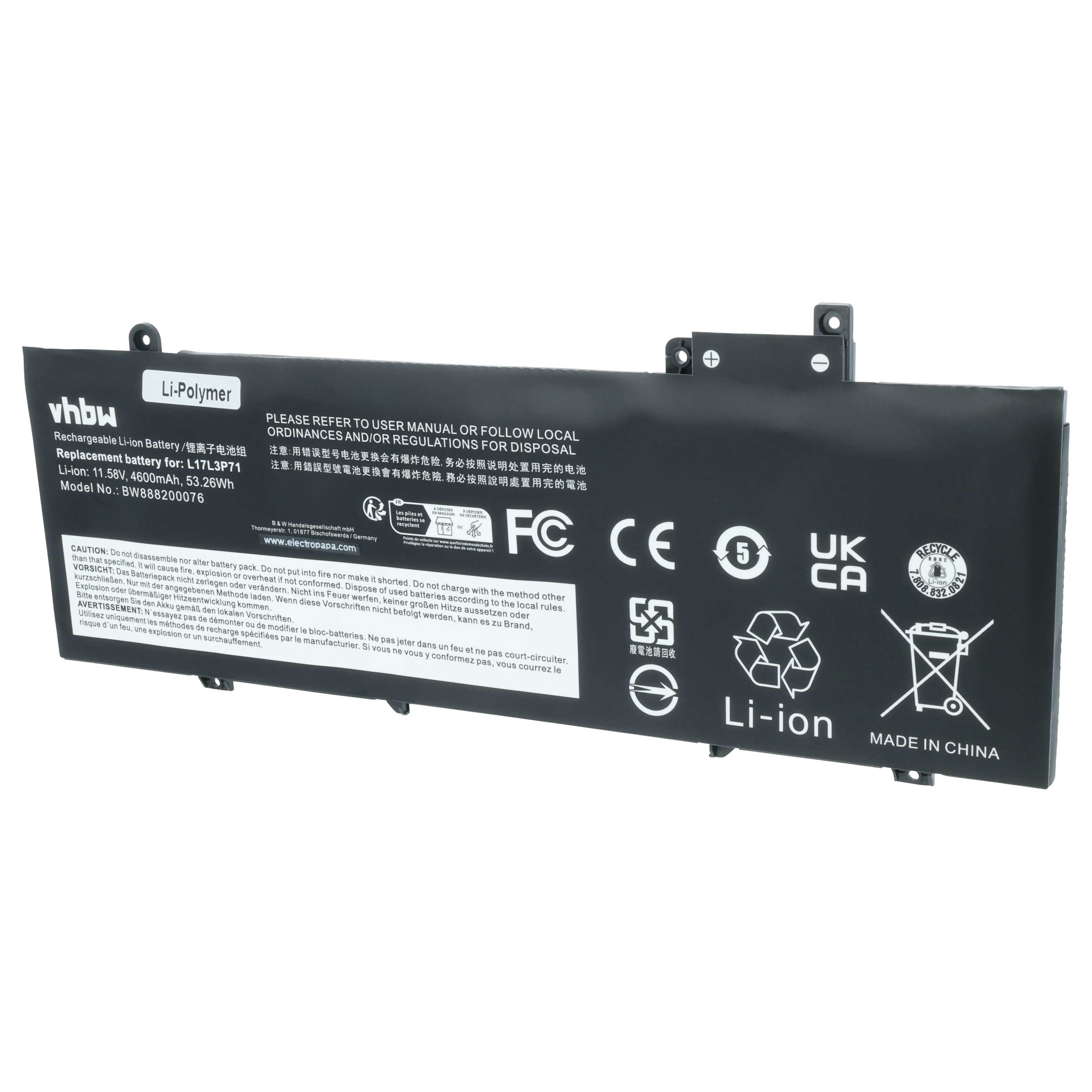 Batteria sostituisce Lenovo 01AV478, L17L3P71, 01AV479, 01AV480 per notebook - 4600mAh 11,58V Li-Poly