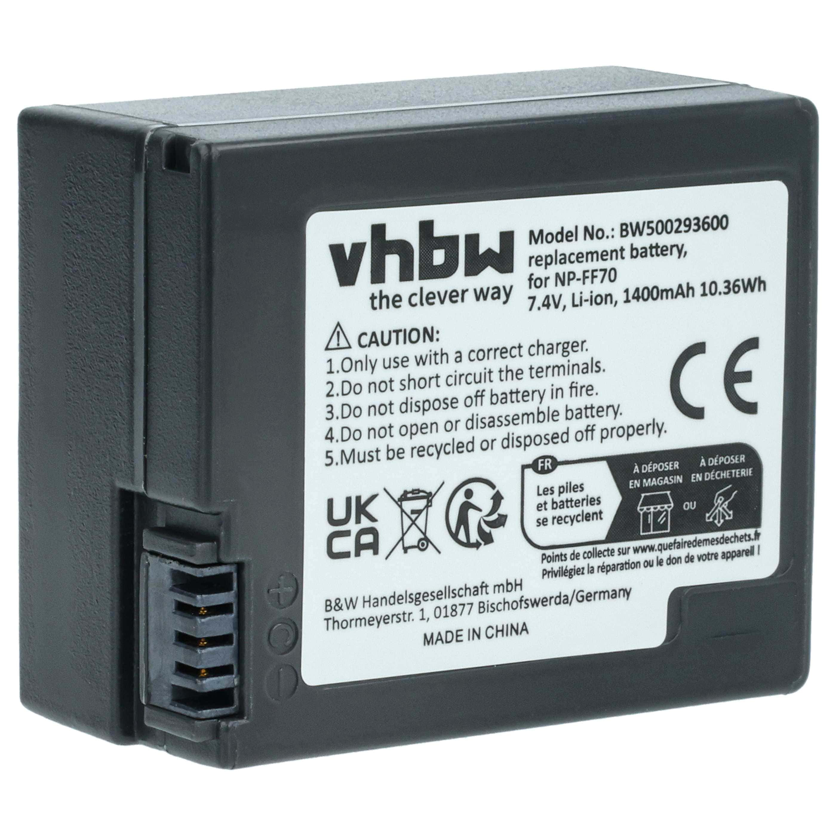 Videocamera Battery replaces Sony NP-FF71, NP-FF70 - 1400 mAh 7.2 V Li-Ion