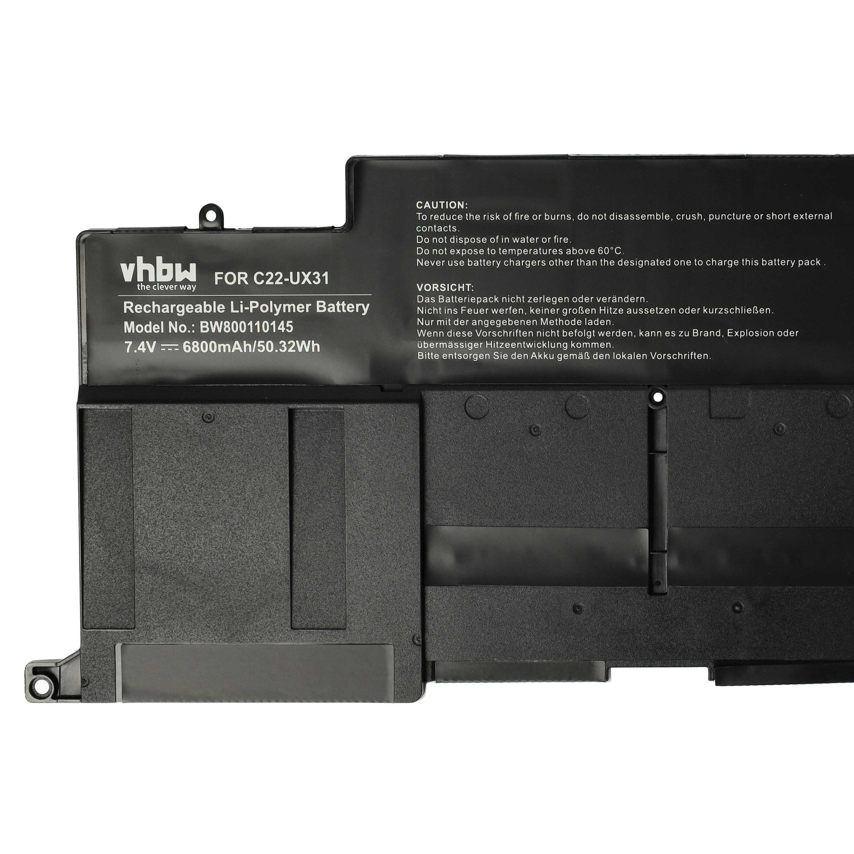 Notebook Battery Replacement for Asus C22-UX31 - 6800 mAh 7.4 V Li-polymer, black