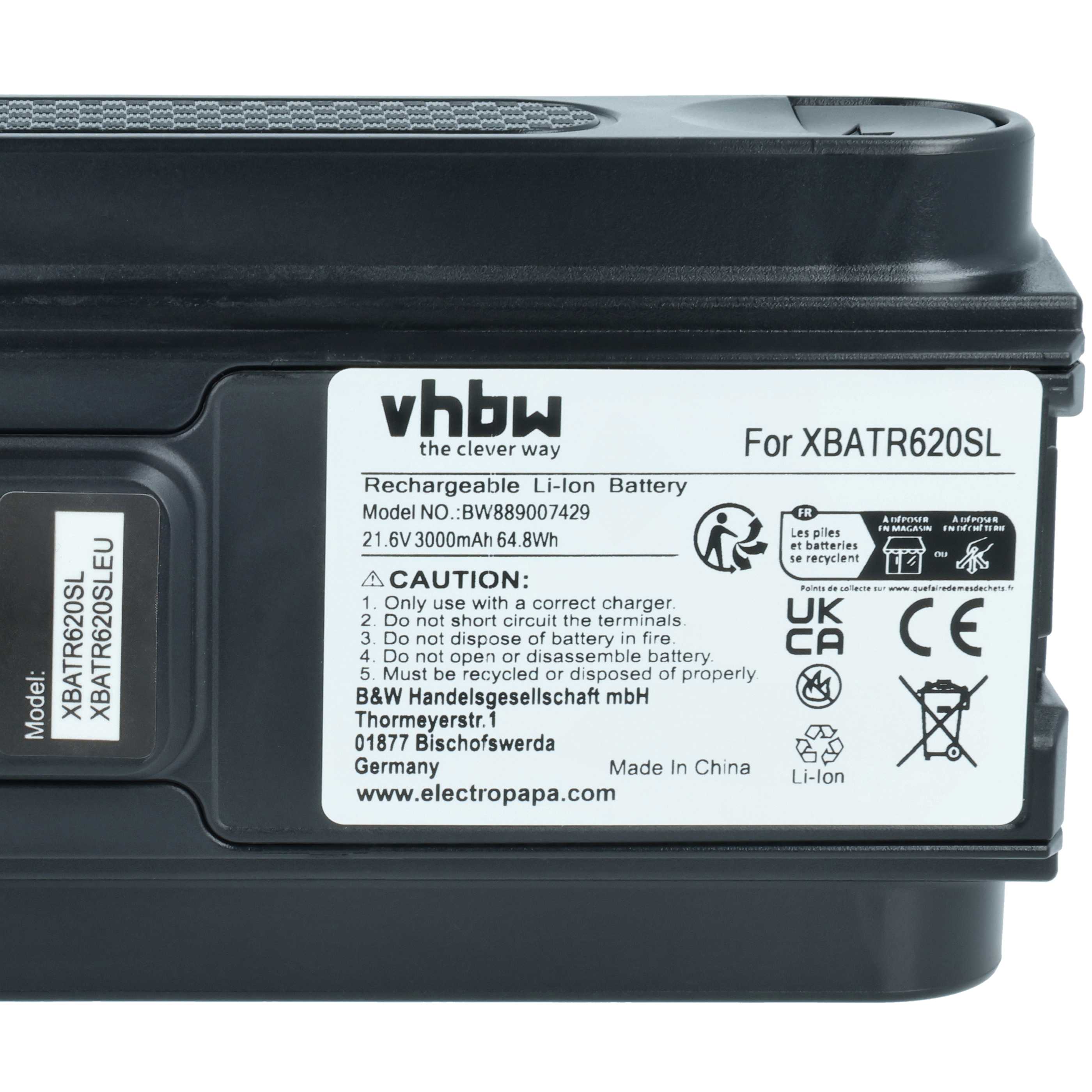 Battery replaces Shark XBATR620SL, XBATR625SLEU, XBATR625SL for Shark 3000mAh, 21.6V, Li-Ion