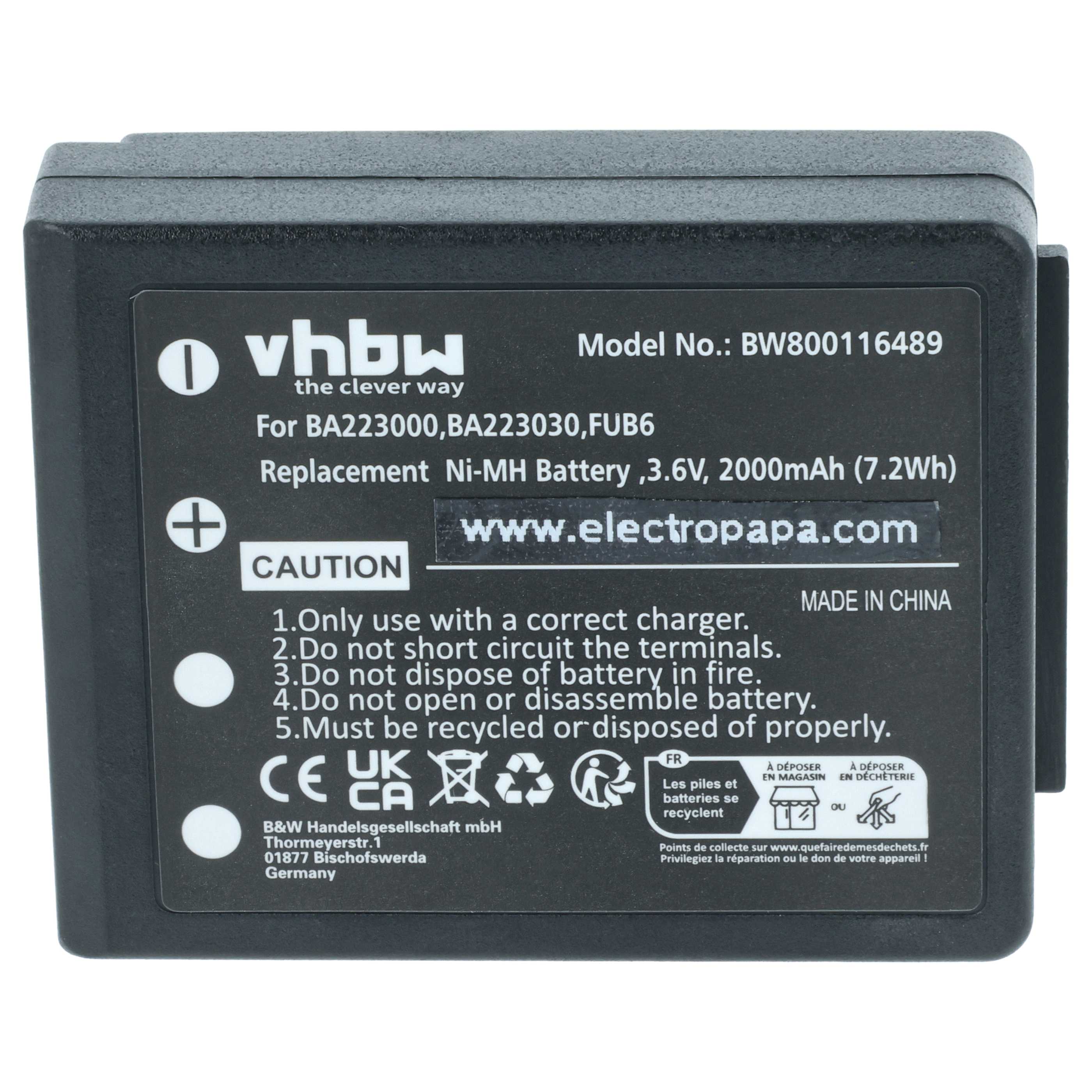 Remote Control 10x Battery replaces HBC FBFUB09N, BA223031, BA223001, BA223000, BA223030 - 2000 mAh 3.6 V NiMH