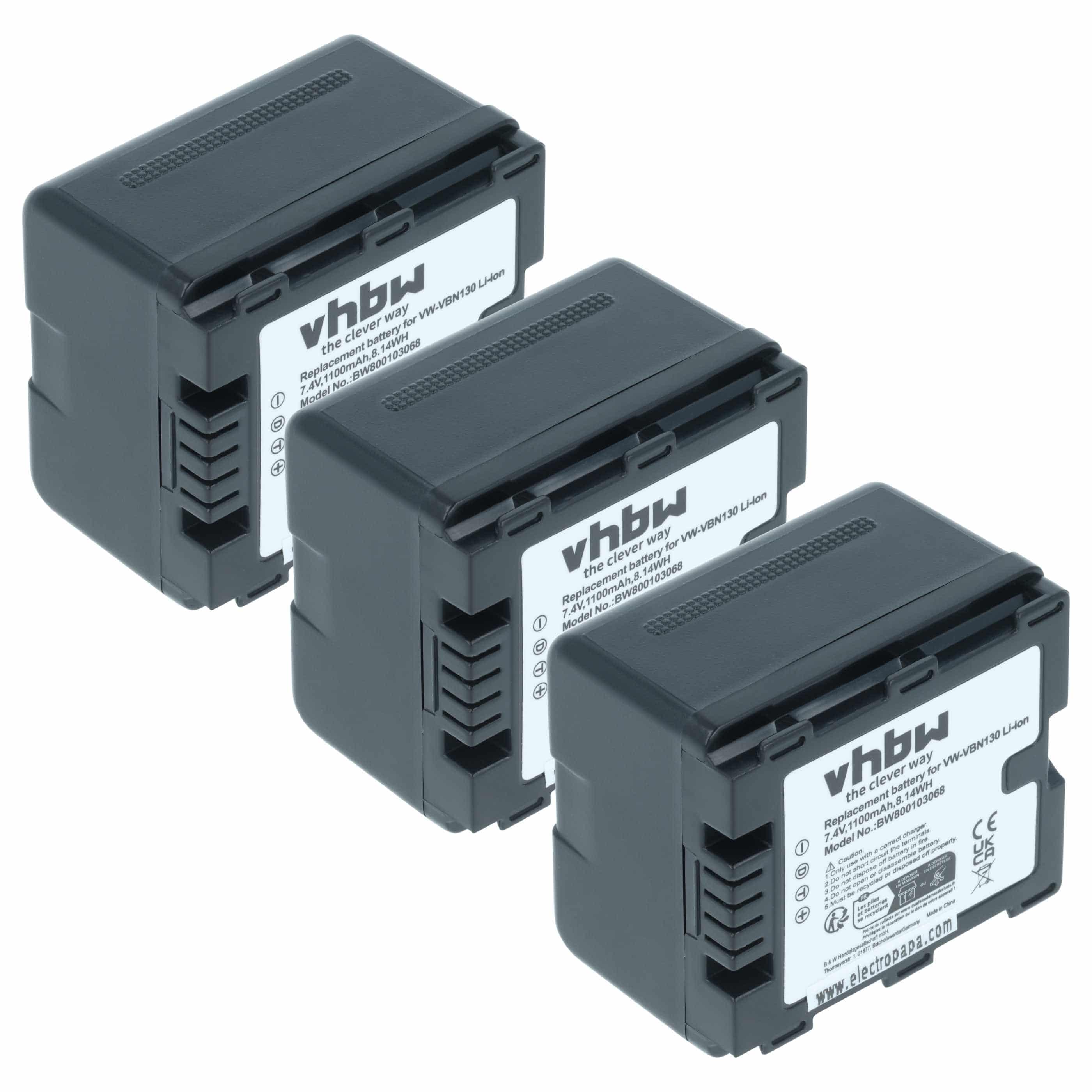 Videocamera 3x Battery replaces Panasonic VW-VBN130E-K, VW-VBN130E, VW-VBN130 - 1100 mAh 7.2 V Li-Ion