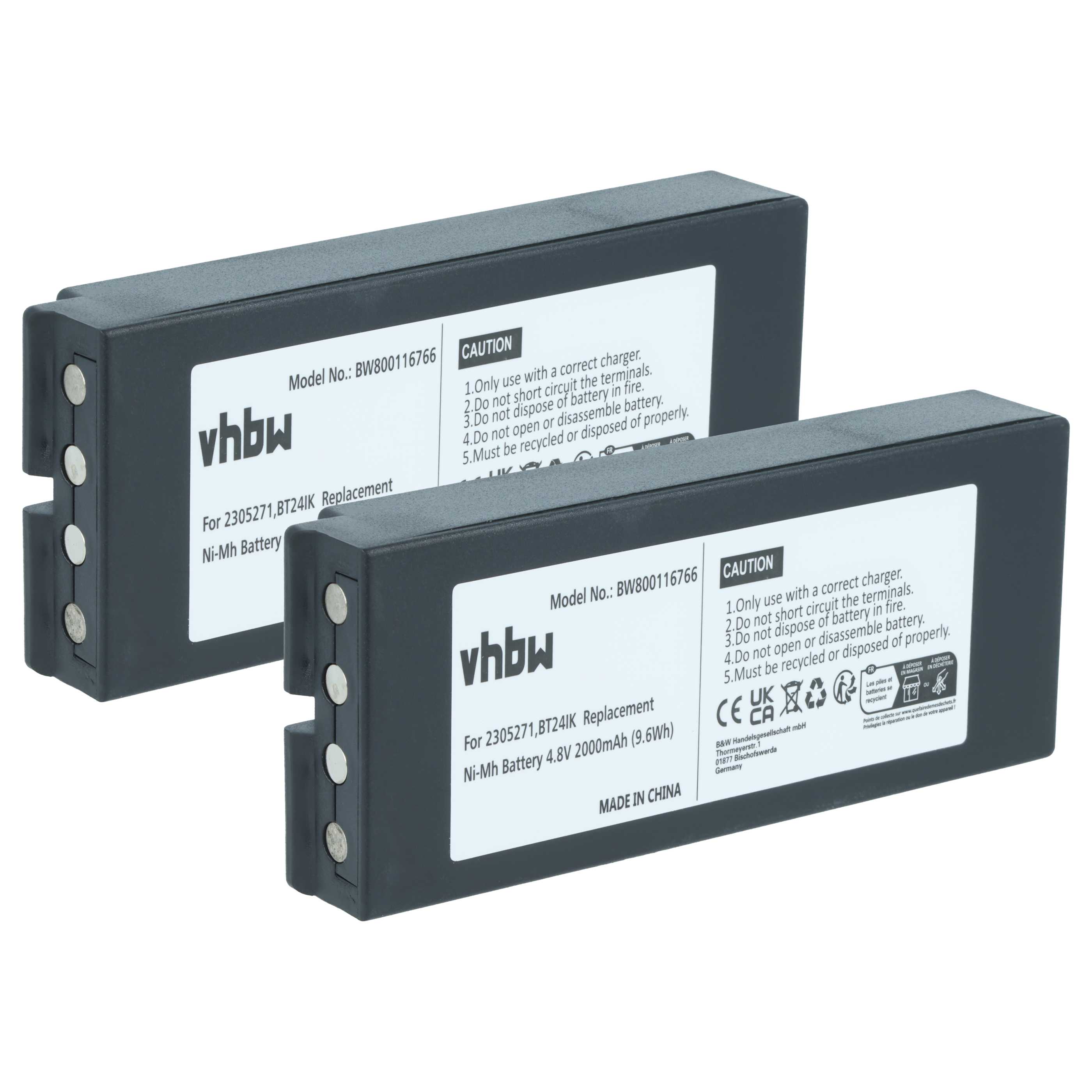 Battery (2 Piece) as Replacement for Danfoss 2305271, BT24IK Remote Control - 2000 mAh 4.8 V NiMH