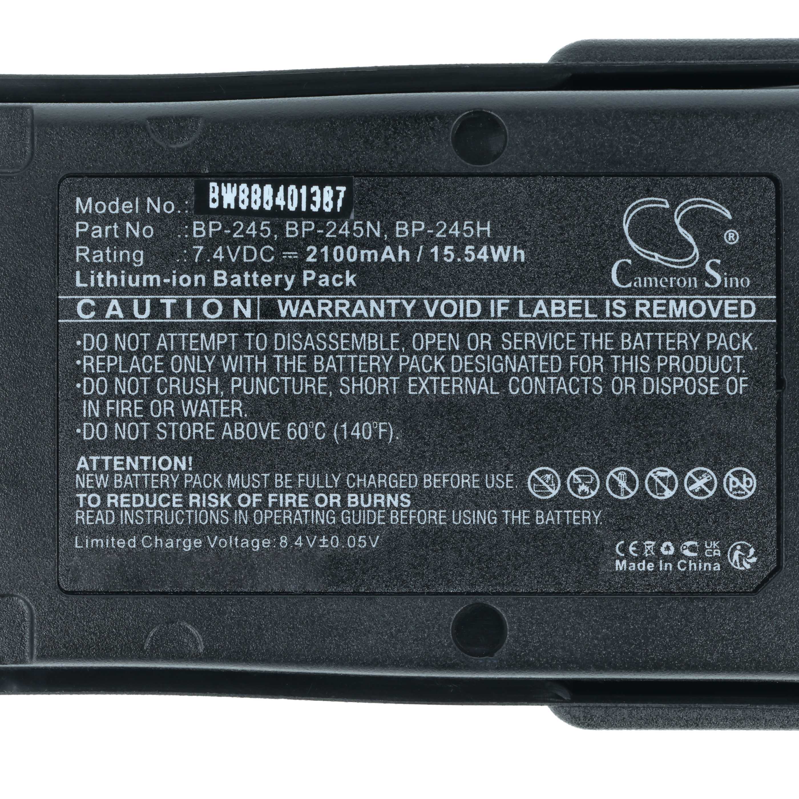 Radio Battery replaces Icom BP-245H, BP-245N, BP-245 - 2100 mAh 7.4 V Li-Ion + Belt Clip