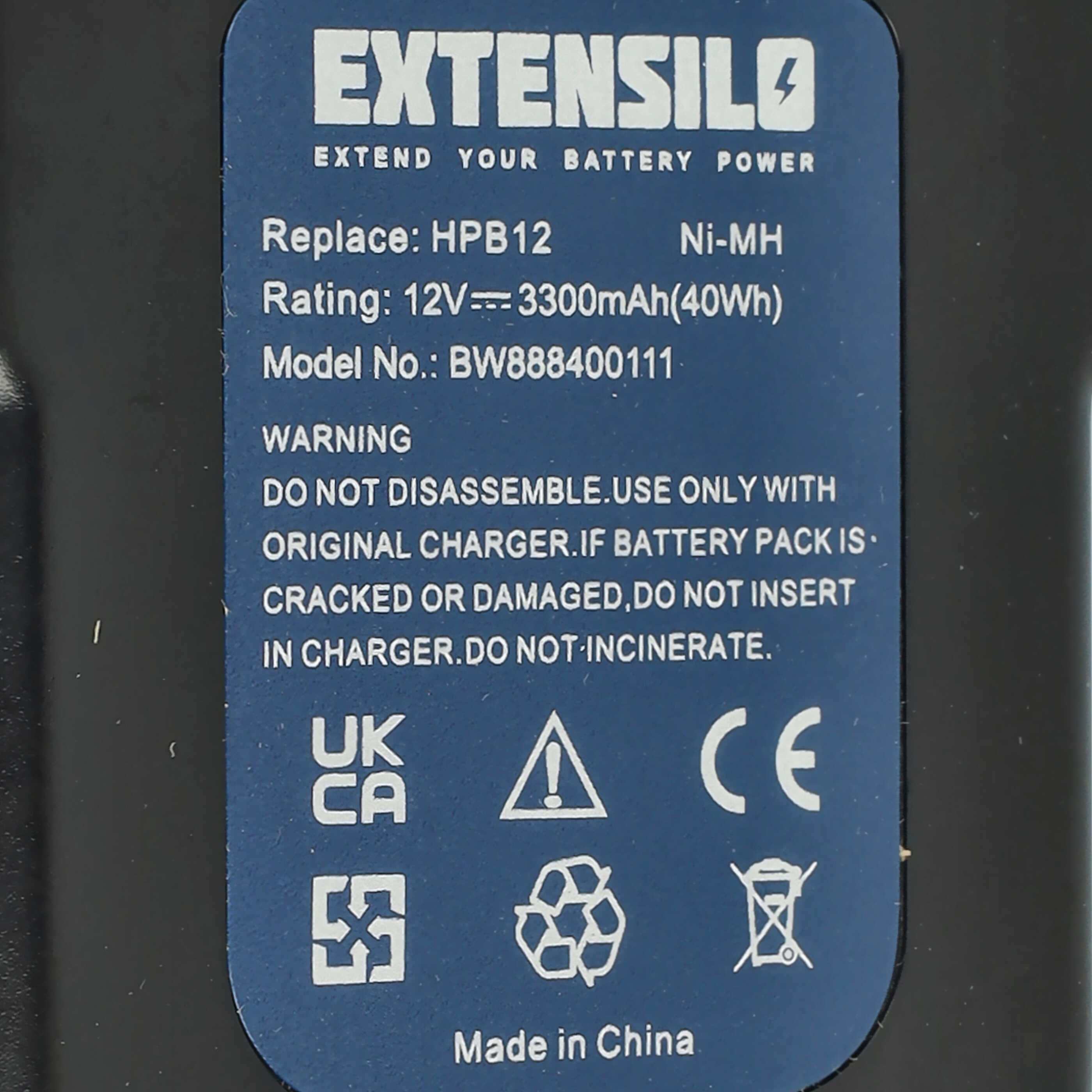 Electric Power Tool Battery Replaces Black & Decker BD1204L, A12EX, A1712, A12-XJ, A12 - 3300 mAh, 12 V, NiMH