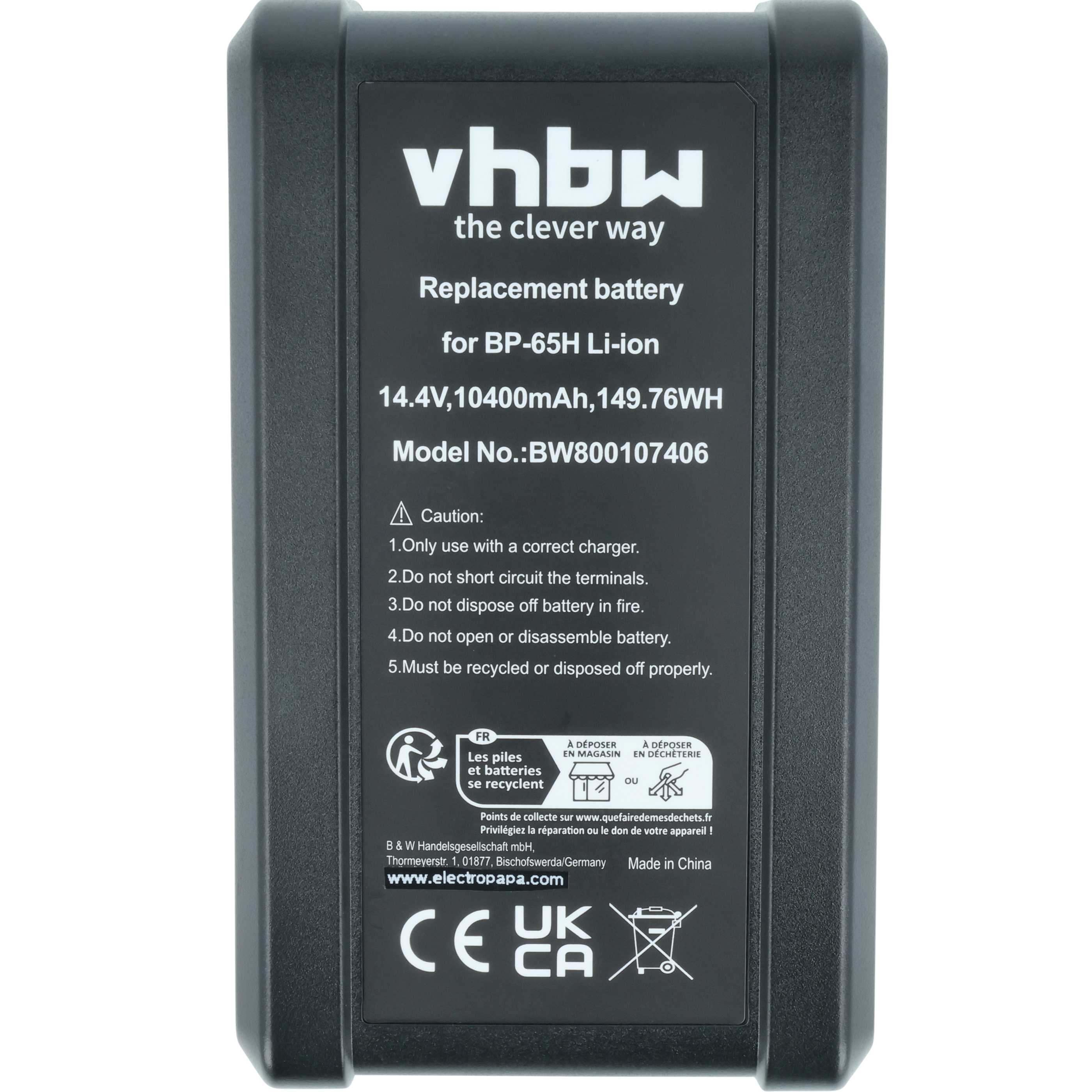 Videocamera Battery replaces Sony BP-150w, BP-150WS, BP-190S, BP-190WS, BP-230W - 10400 mAh 14.8 V Li-Ion
