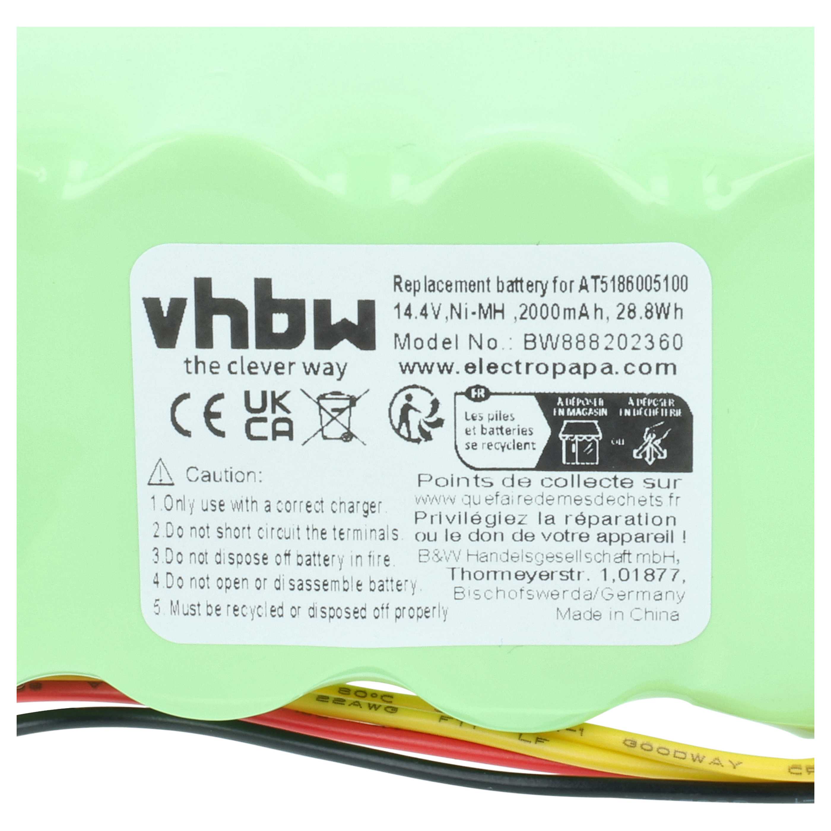 Battery replaces Ariete AT5186005100 for Proscenic etc. 2000mAh, 14.4V, NiMH