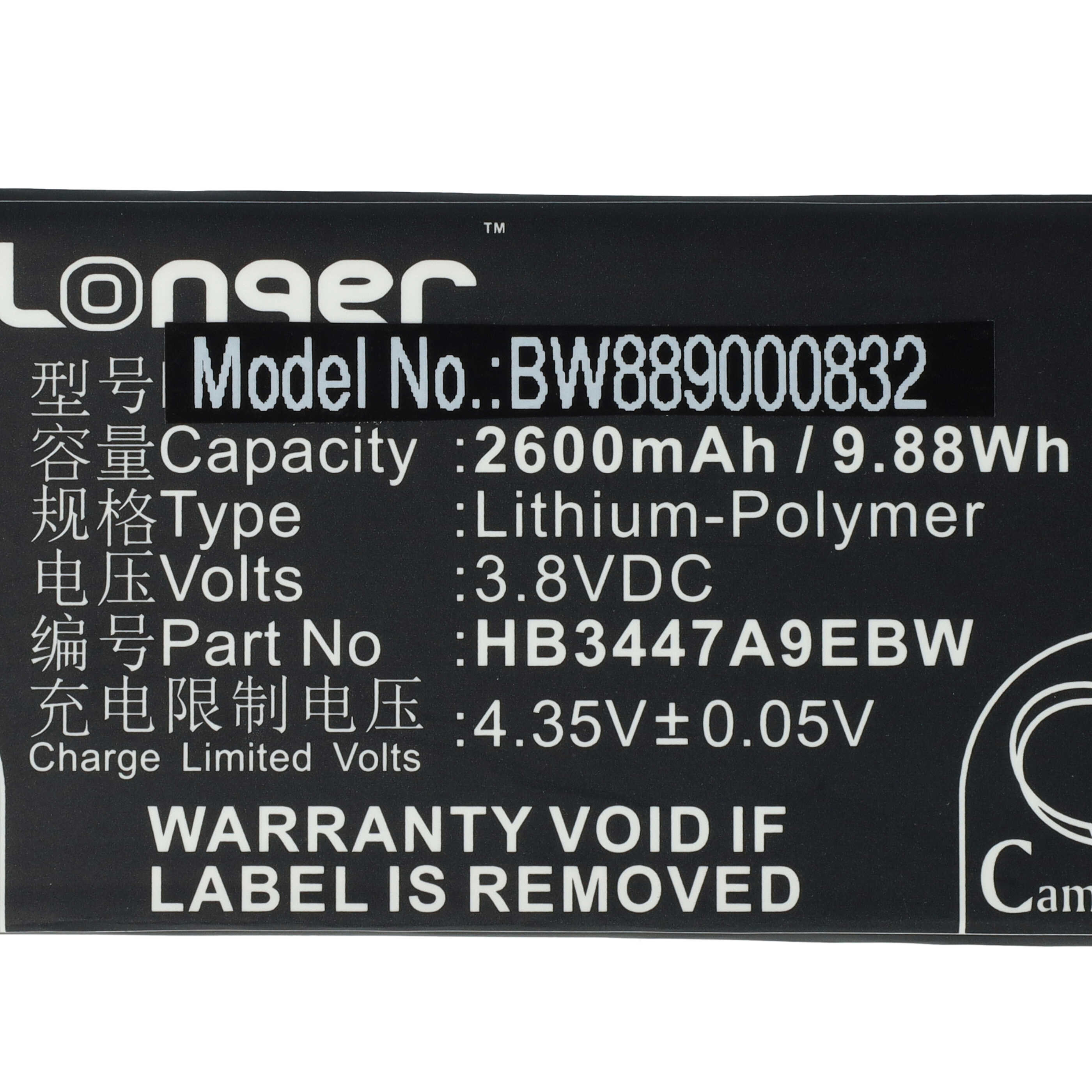 Batterie remplace Huawei HB3447A9EBW, HB3447A9EBC pour téléphone portable - 2600mAh, 3,8V, Li-polymère
