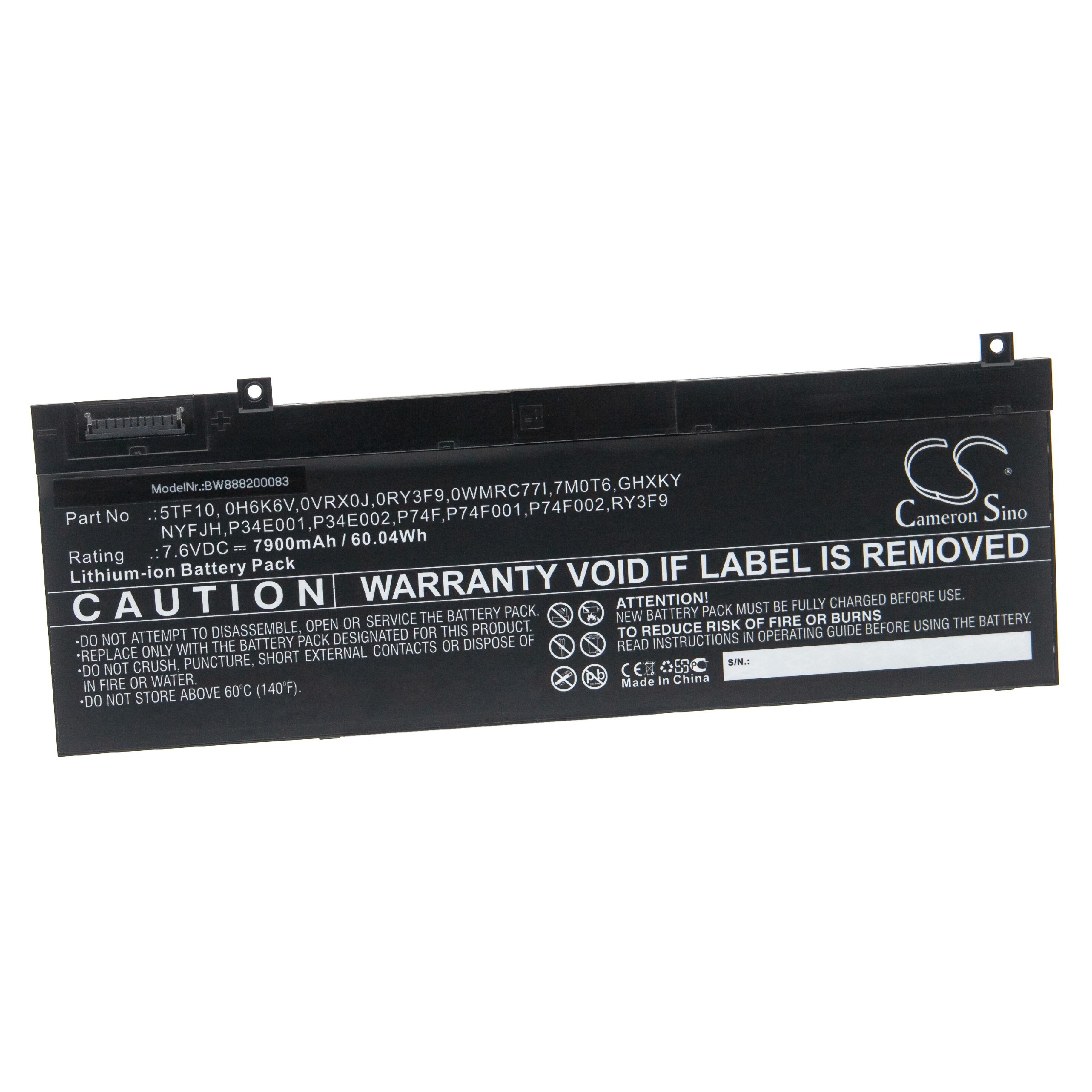 Notebook Battery Replacement for Dell 0VRX0J, 7M0T6, 0WMRC77I, 5TF10, 0H6K6V, 0RY3F9 - 7900mAh 7.6V Li-Ion