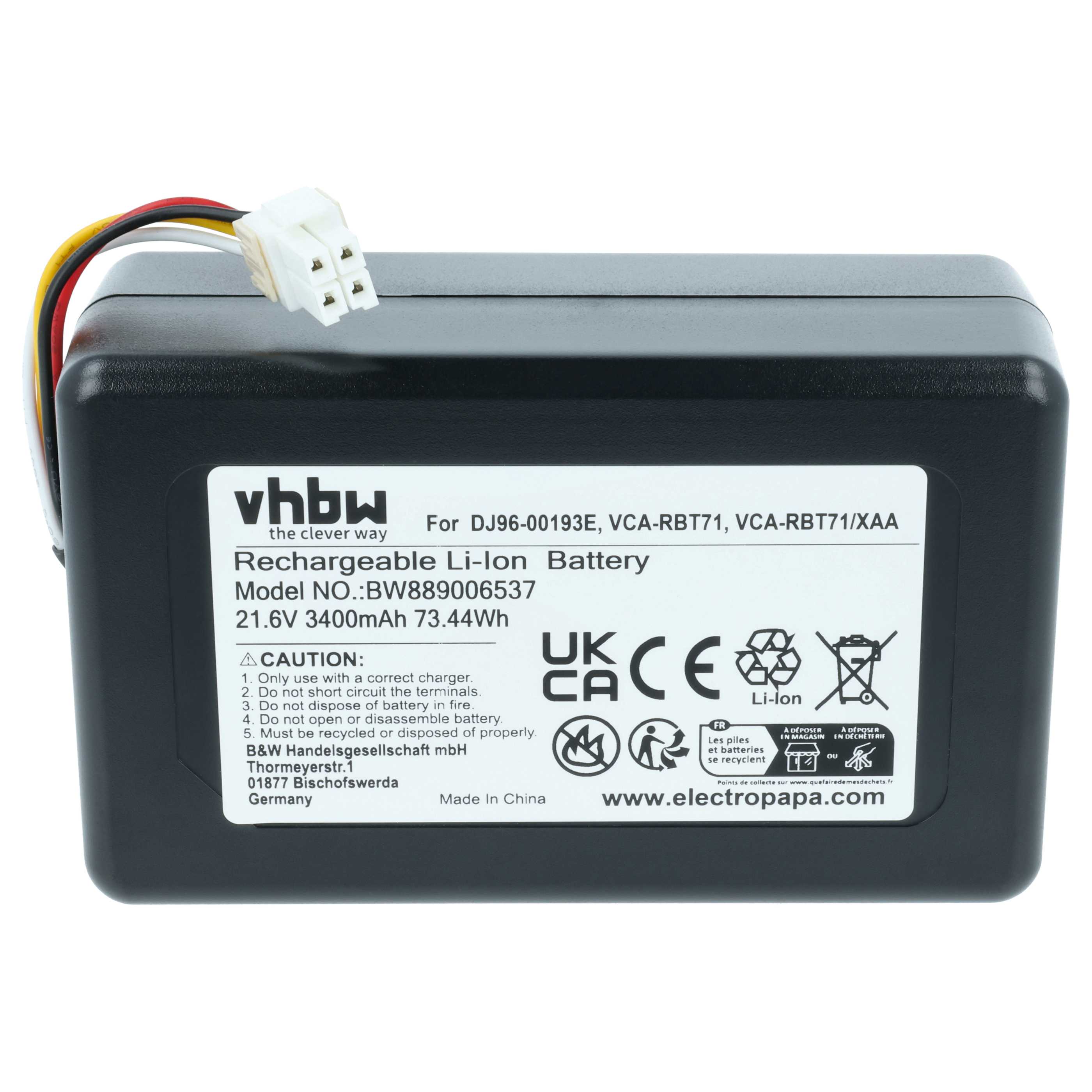 Batteria sostituisce Samsung DJ96-00193E, VCA-RBT71/XAA, VCA-RBT71 per robot aspiratore - 3,4Ah 21,6V Li-Ion