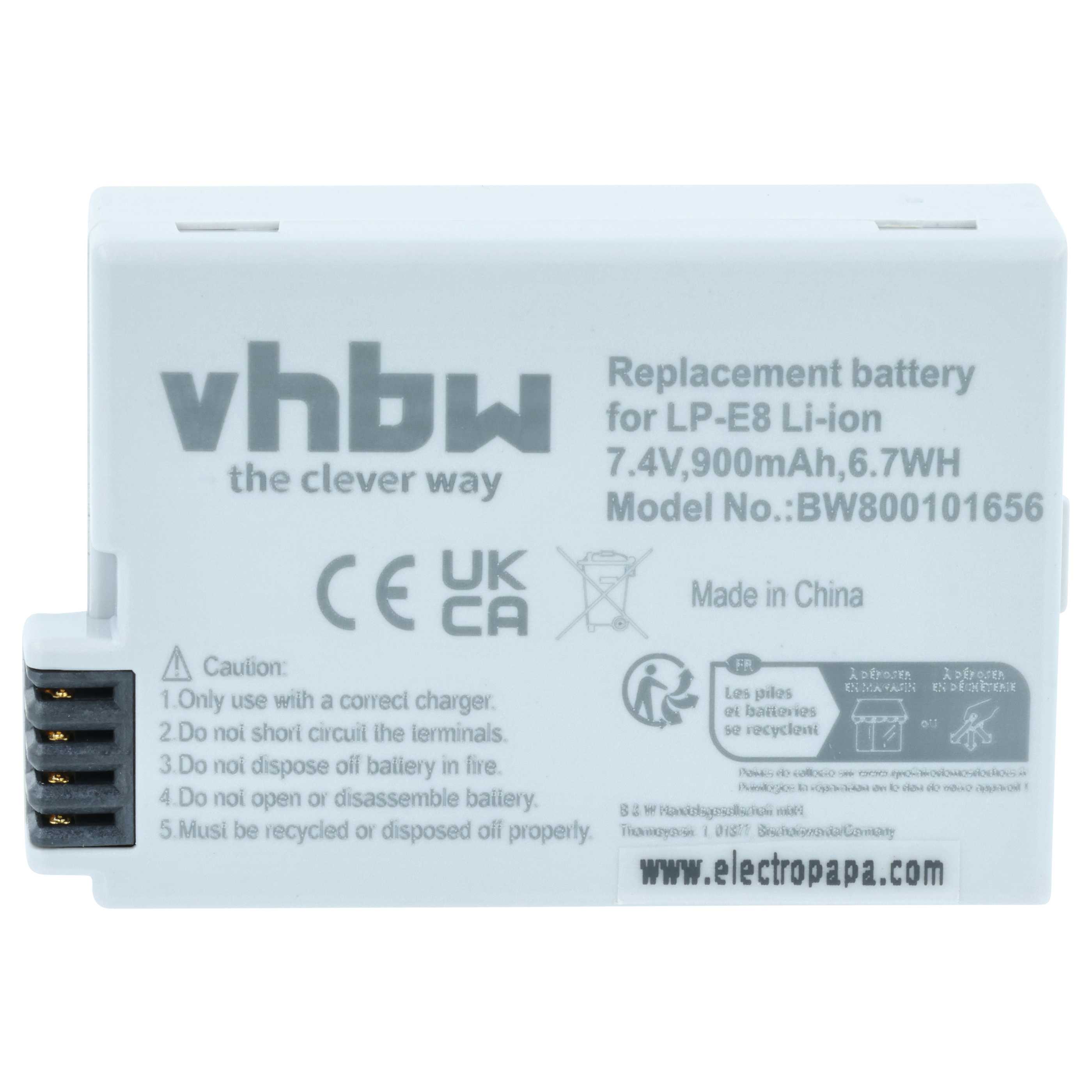 Battery replaces Canon LP-E8 - 900mAh, 7.2V, Li-Ion