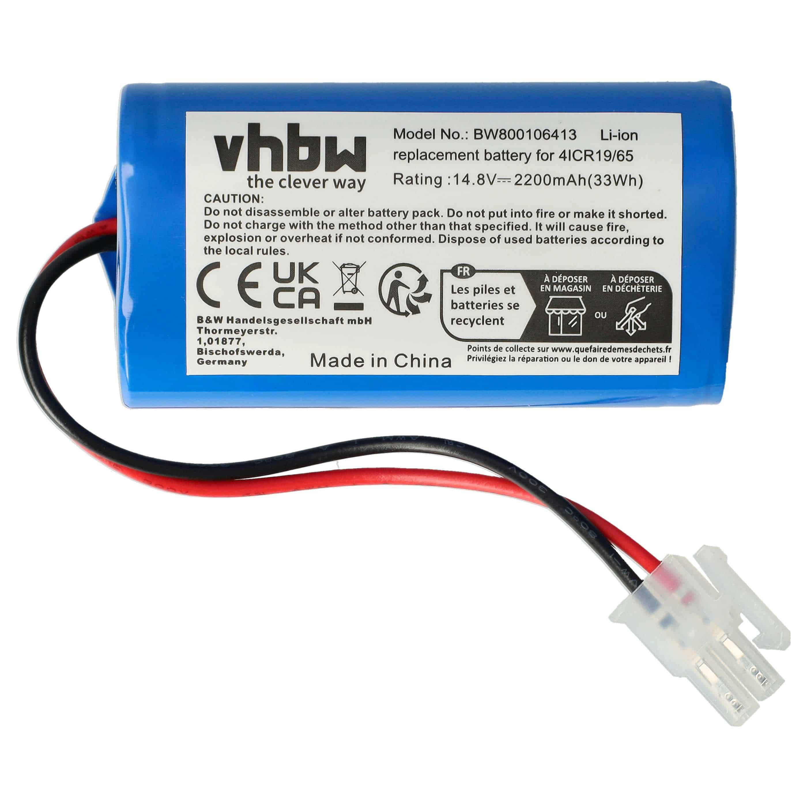 Batterie remplace Ecovacs 4ICR19/65, INR18650-M26-4S1P, BL7402A pour robot aspirateur - 2200mAh 14,8V Li-ion