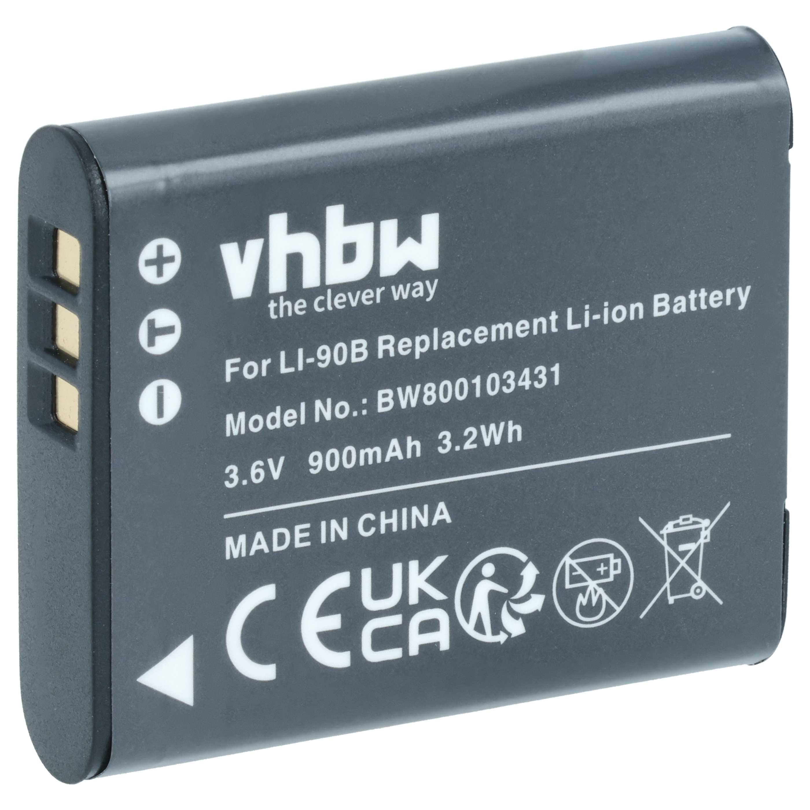 Battery replaces Olympus Li-90B, Li-92B - 900mAh, 3.6V, Li-Ion