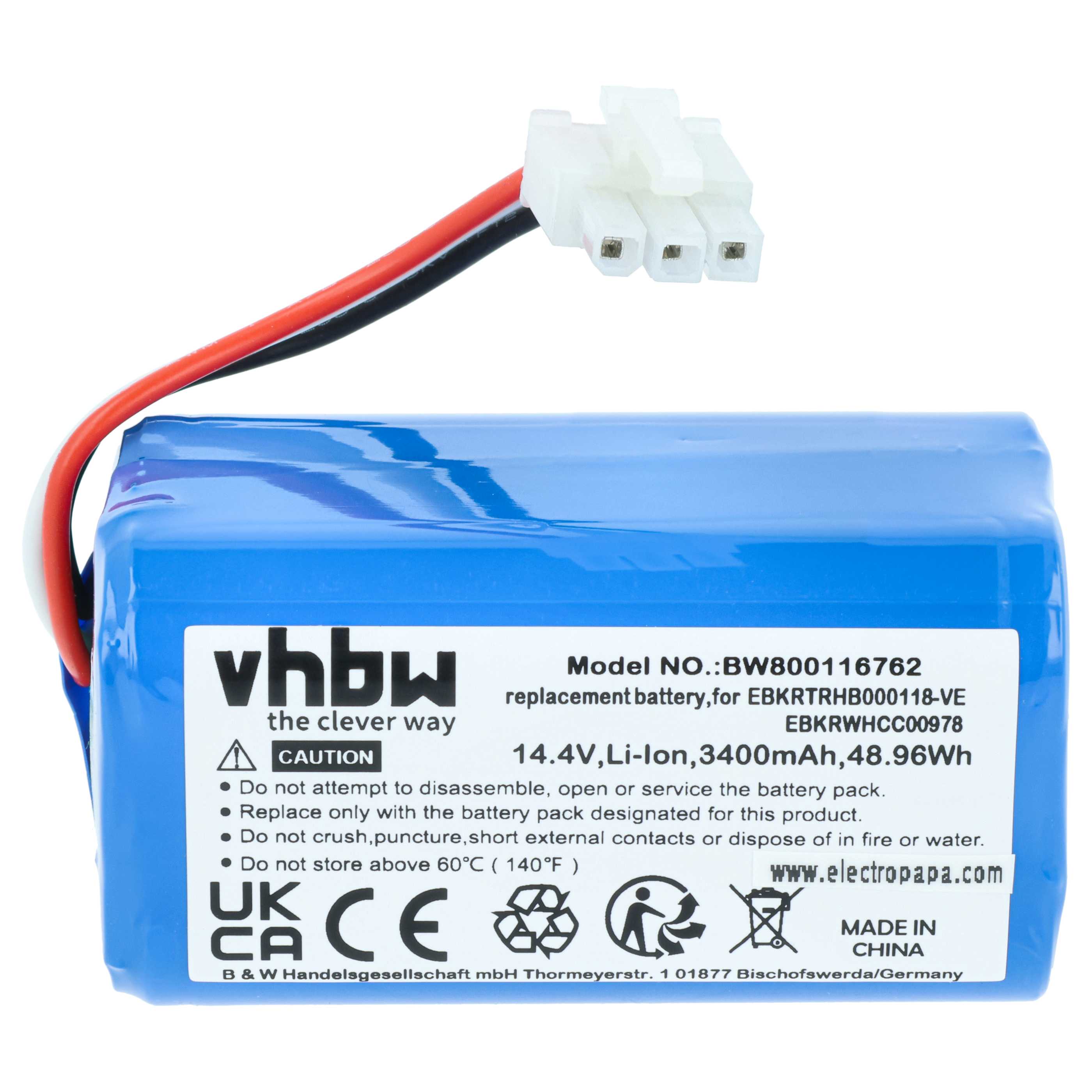 Battery replaces iClebo EBKRTRHB000118-VE, EBKRWHCC00978 for iClebo etc. 3400mAh, 14.4V, Li-Ion