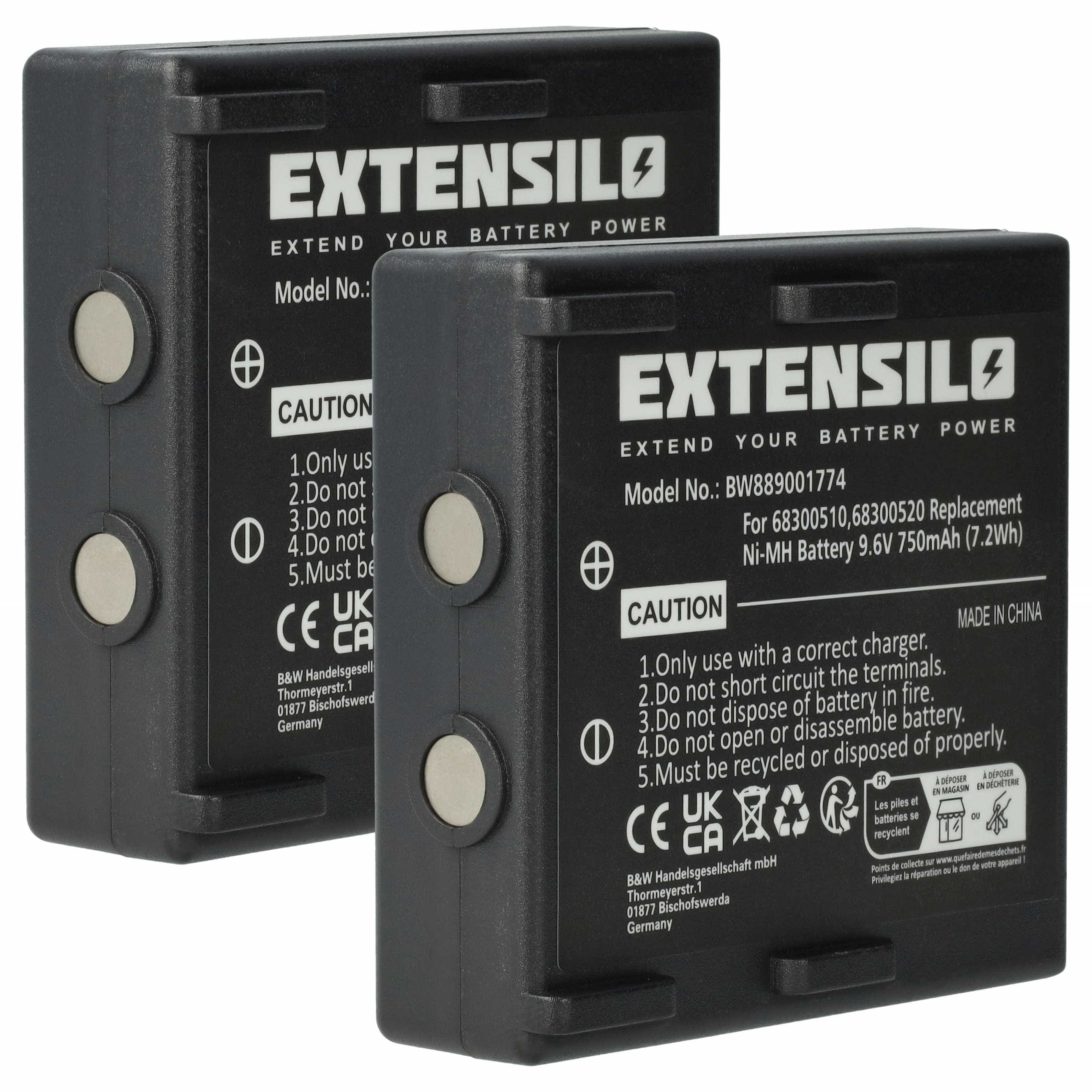 Batterie (2 pièces) remplace Abitron 68300510, 68300520, 68300525, 68300530, HE520, HT-02 - 750mAh 9,6V NiMH